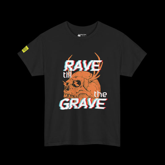 Black t-shirt with a graphic design featuring a skull and text on a black background