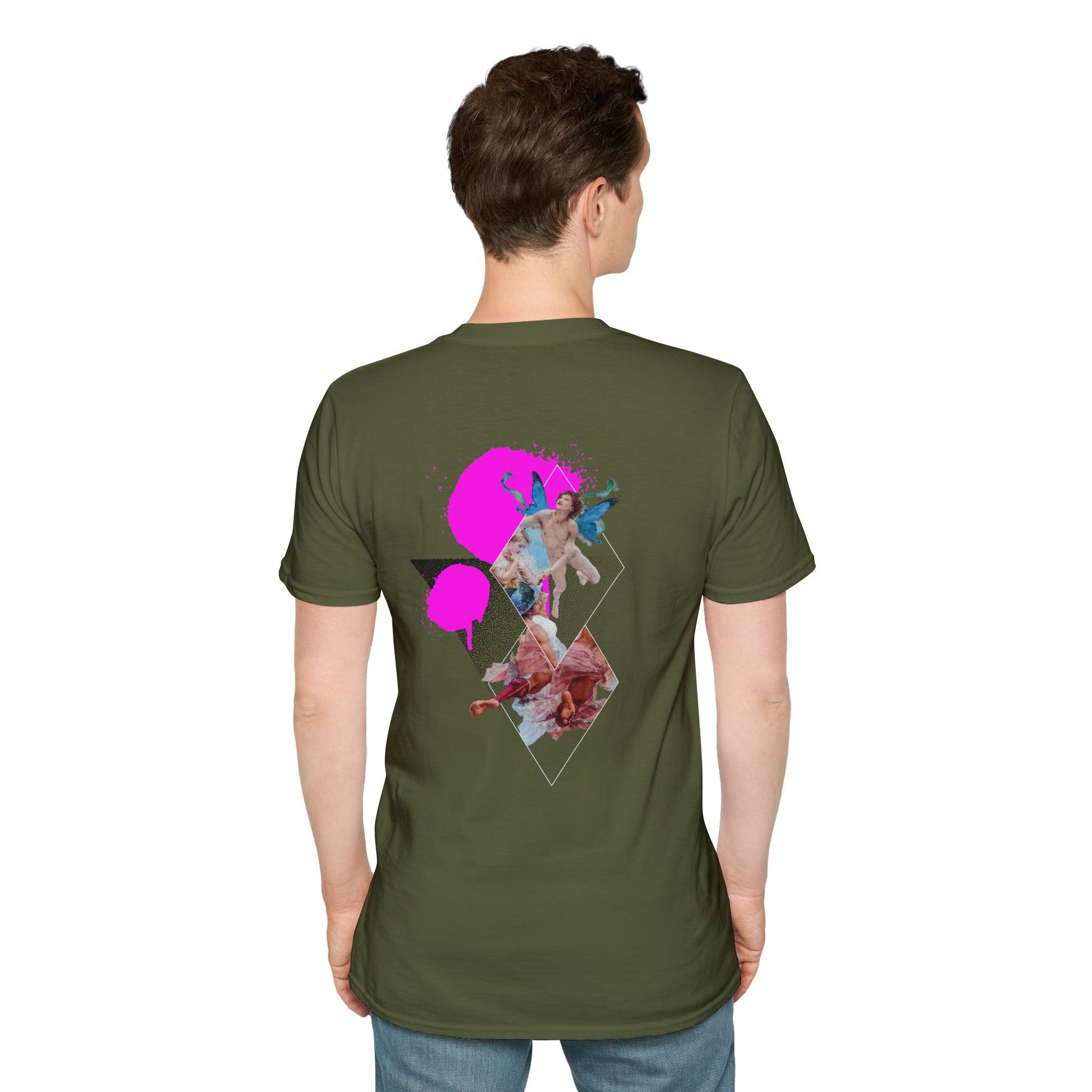 Heather Green T-shirt with a surreal collage of butterflies in spray paint design