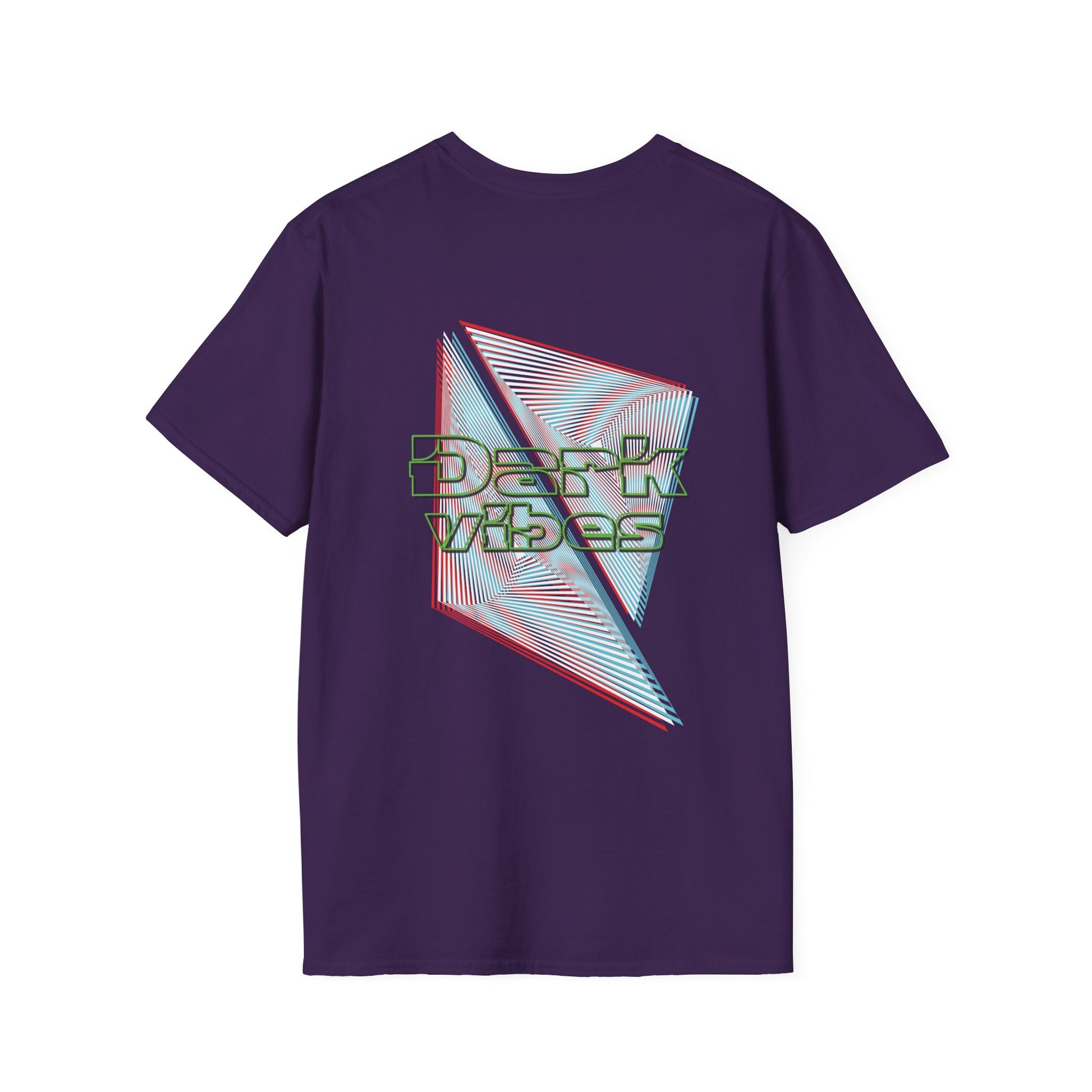 A purple t-shirt featuring bold geometric lines in red and cyan with glitch-style "Dark Vibes" typography, perfect for rave culture and electronic music fans.