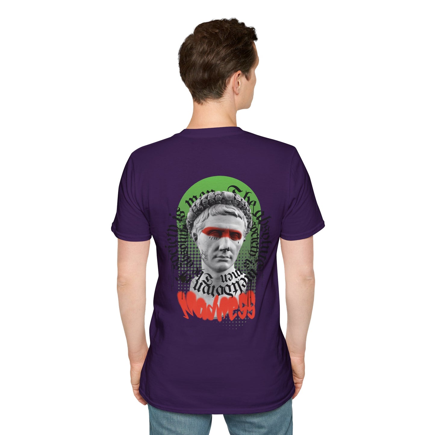 Violet T-shirt with a Greek statue face and the word ‘Madness’ in bold red lettering