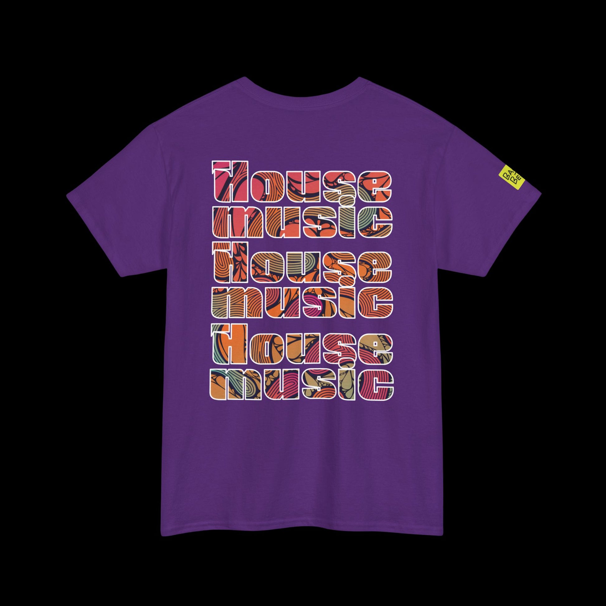 Purple t-shirt with 'House Music' text design on a black background