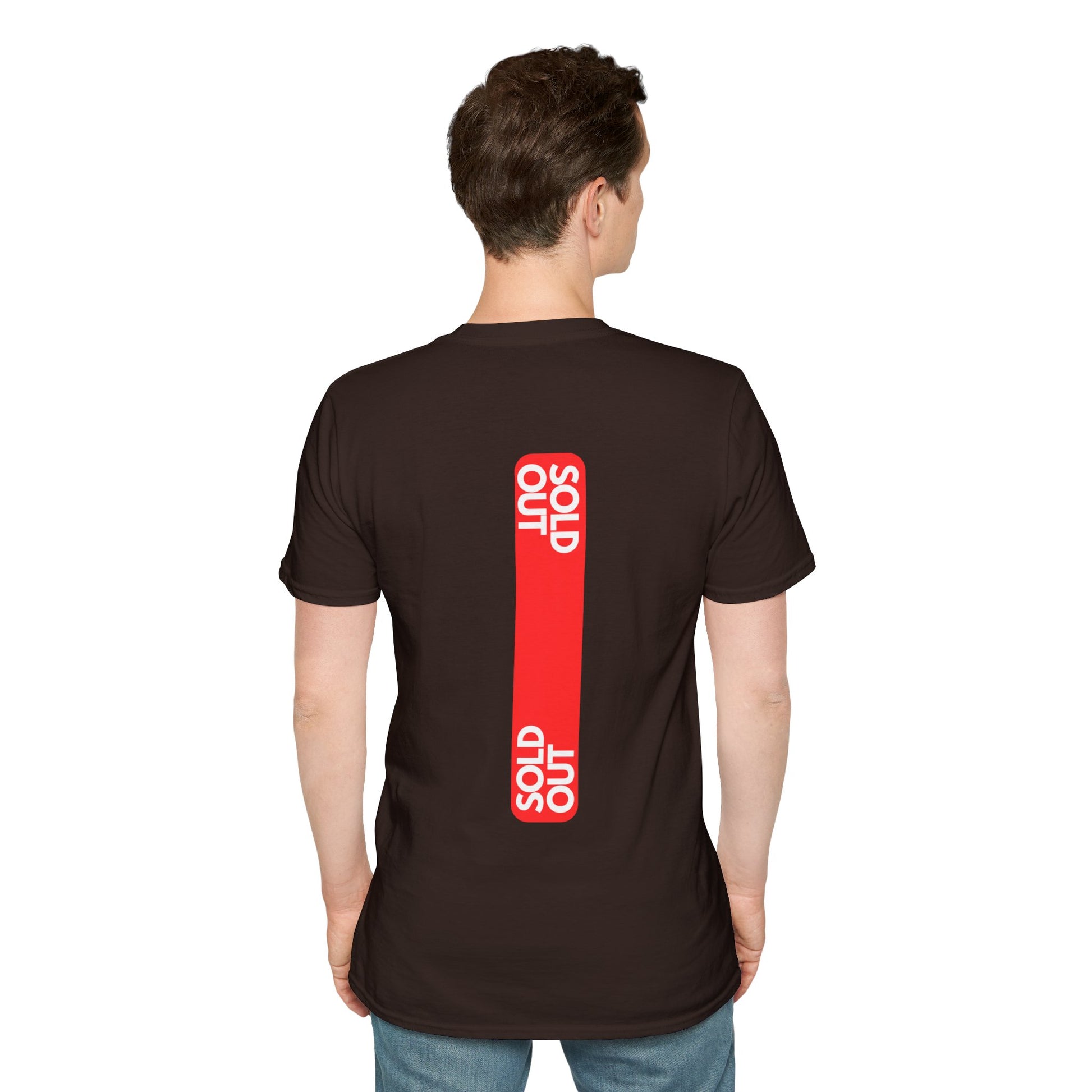 Brown T-shirt with a striking red tag design and the text ‘SOLD OUT’ in bold letters