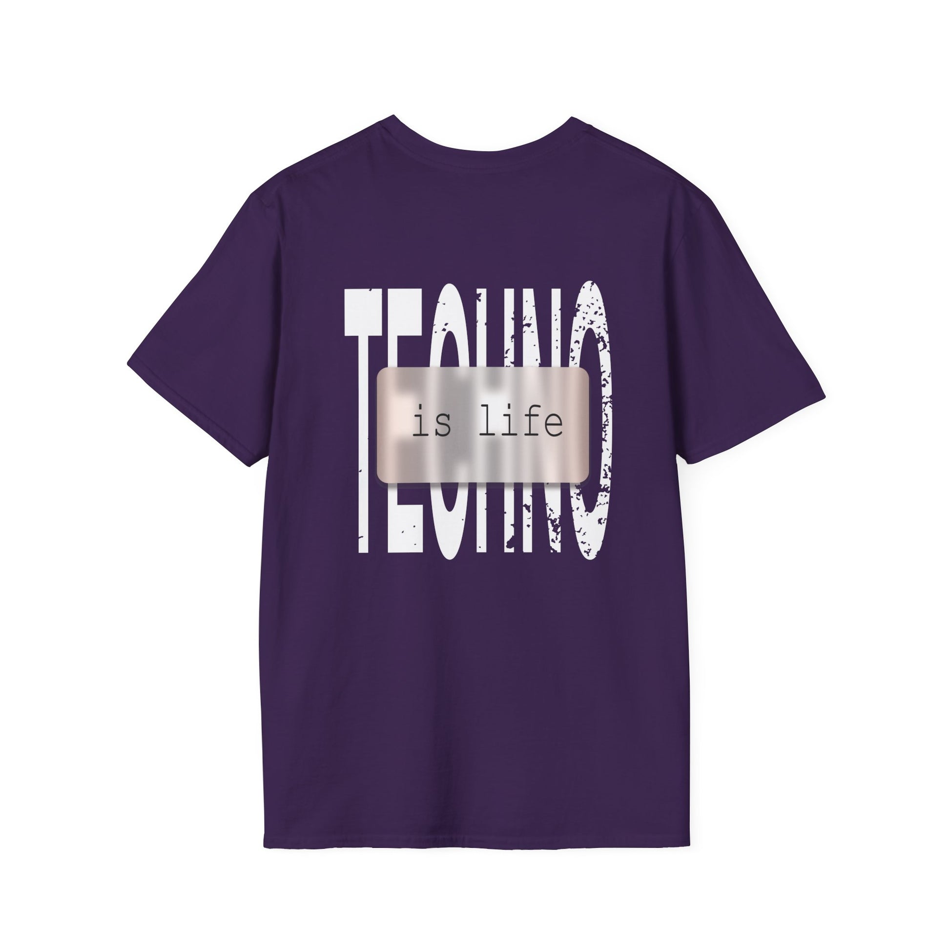 A purple t-shirt featuring bold white typography that reads "TECHNO is life," designed for electronic music fans and rave streetwear enthusiasts.