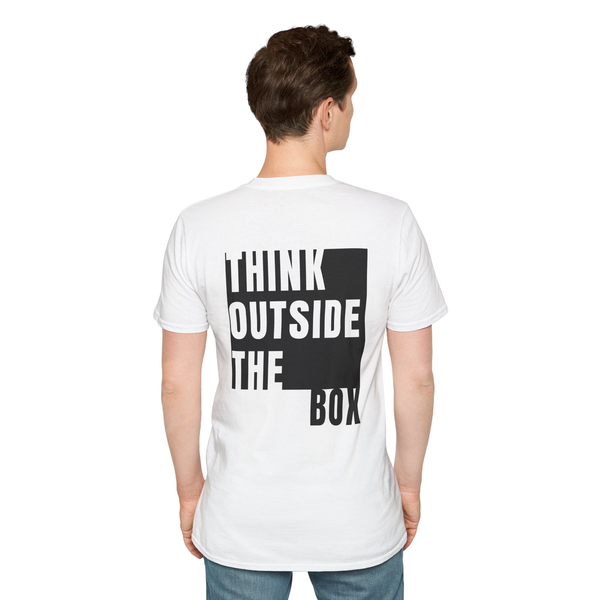 White T-shirt with the text ‘Think Outside the Box’ in bold white typography
