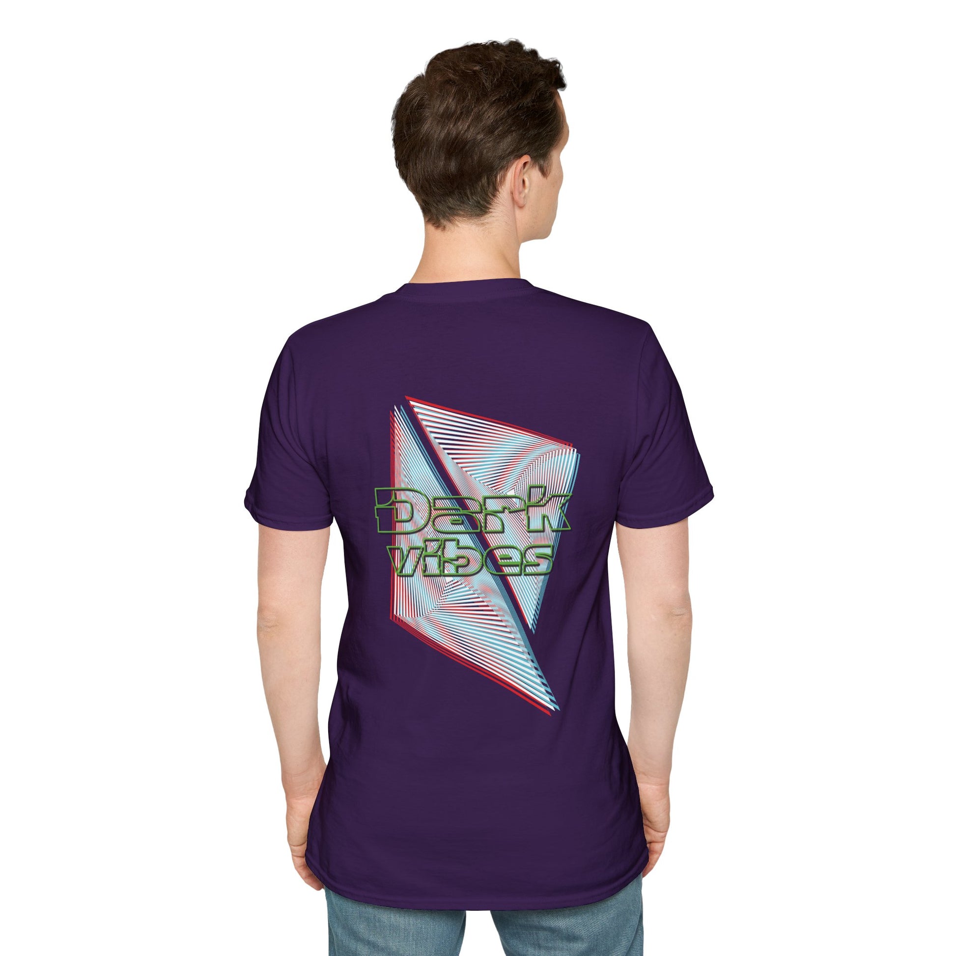 A purple t-shirt featuring bold geometric lines in red and cyan with glitch-style "Dark Vibes" typography, perfect for rave culture and electronic music fans.