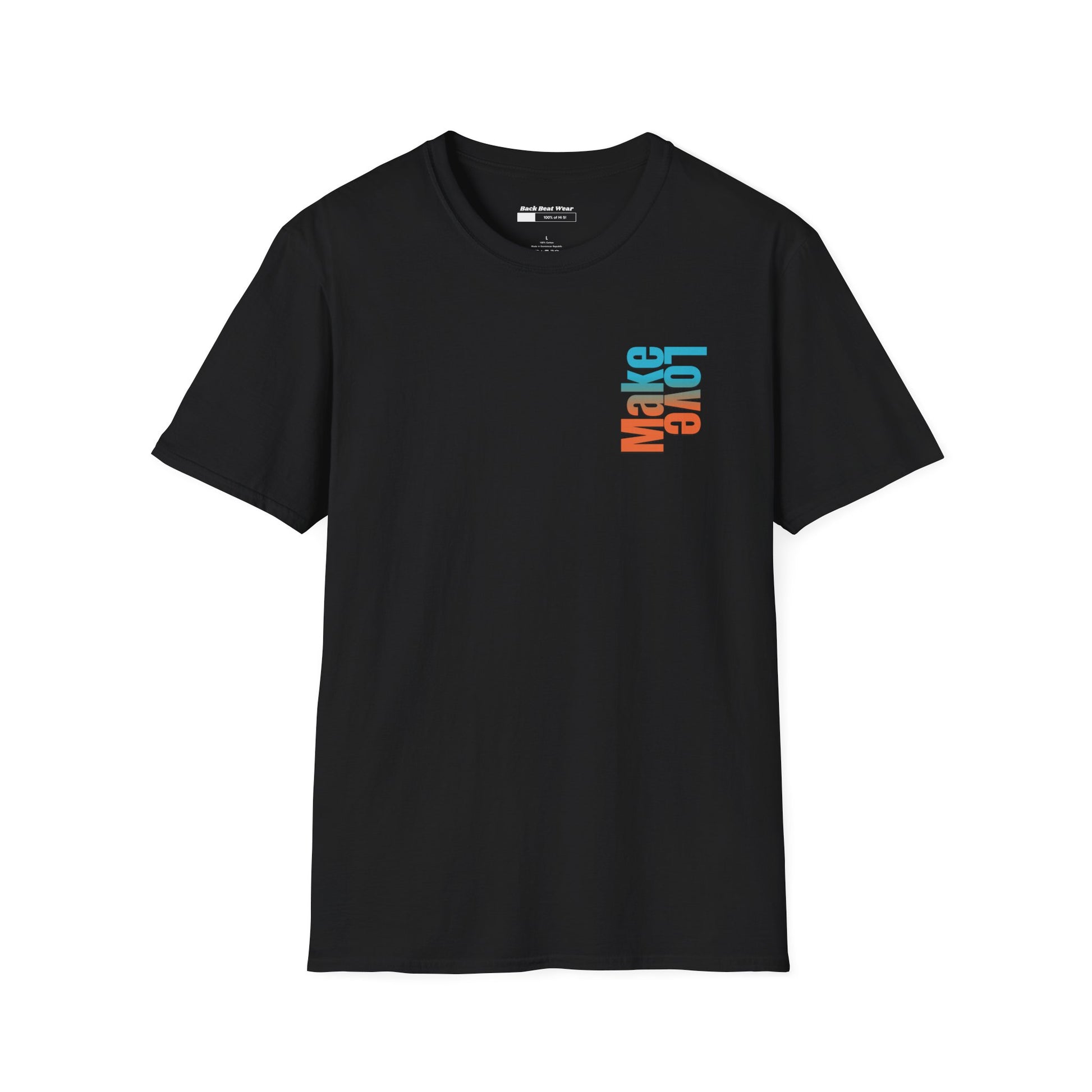 Black t-shirt with bold 'Make Love' graphic design in vibrant colors, modern streetwear fashion.