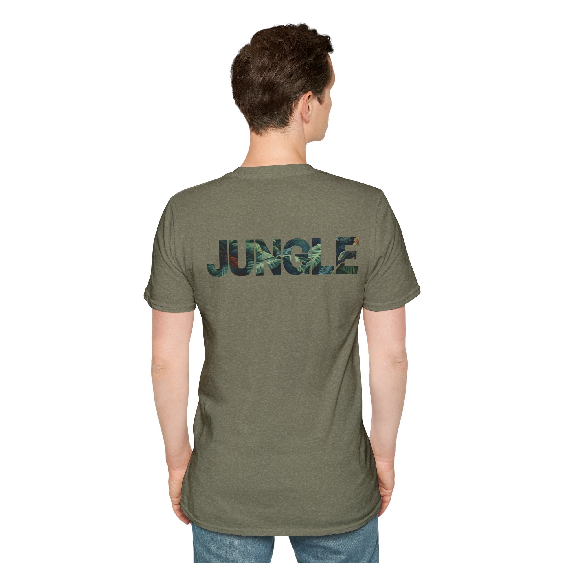 Khaki T-shirt with a bold, funky 'Jungle' sign design in vibrant colors