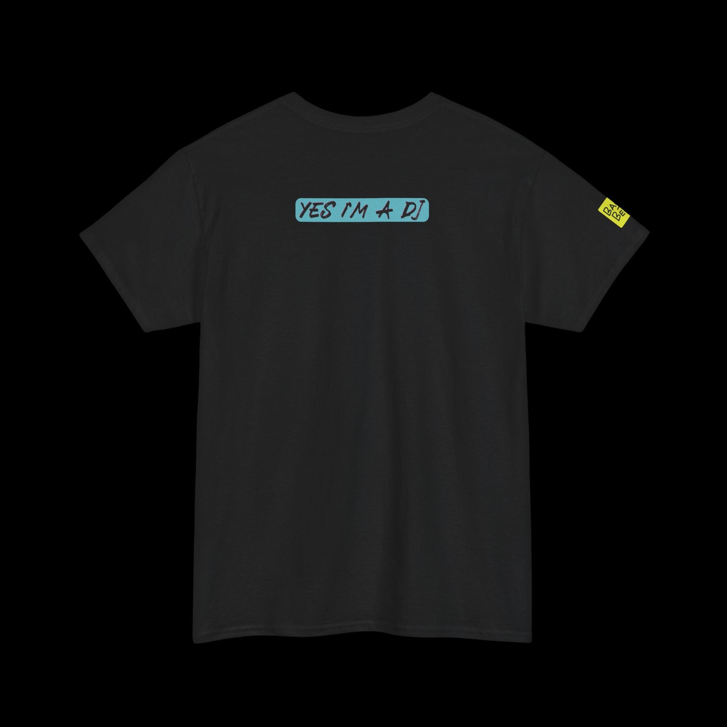Black t-shirt with 'YES I'M A DJ' text on the back against a black background