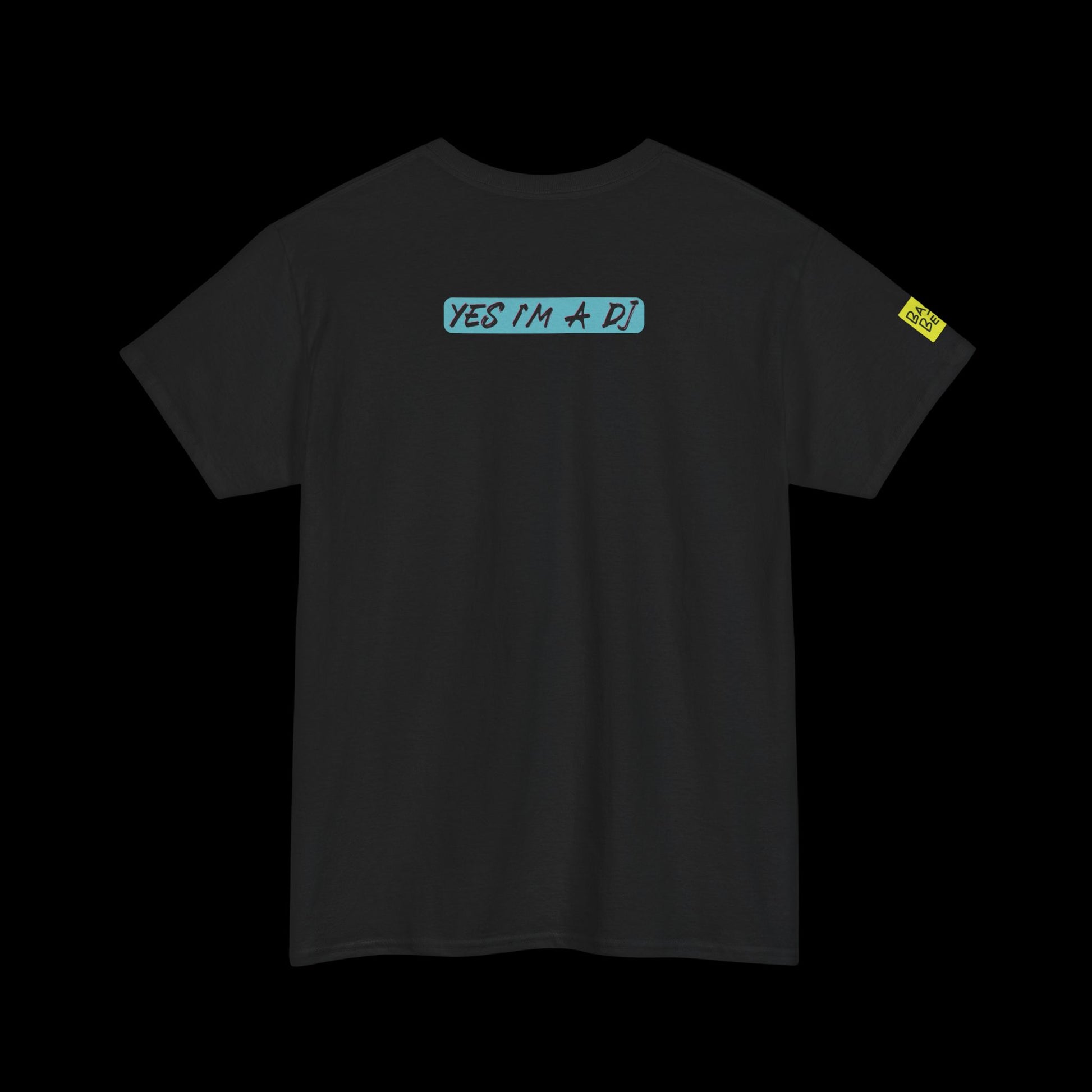 Black t-shirt with 'YES I'M A DJ' text on the back against a black background