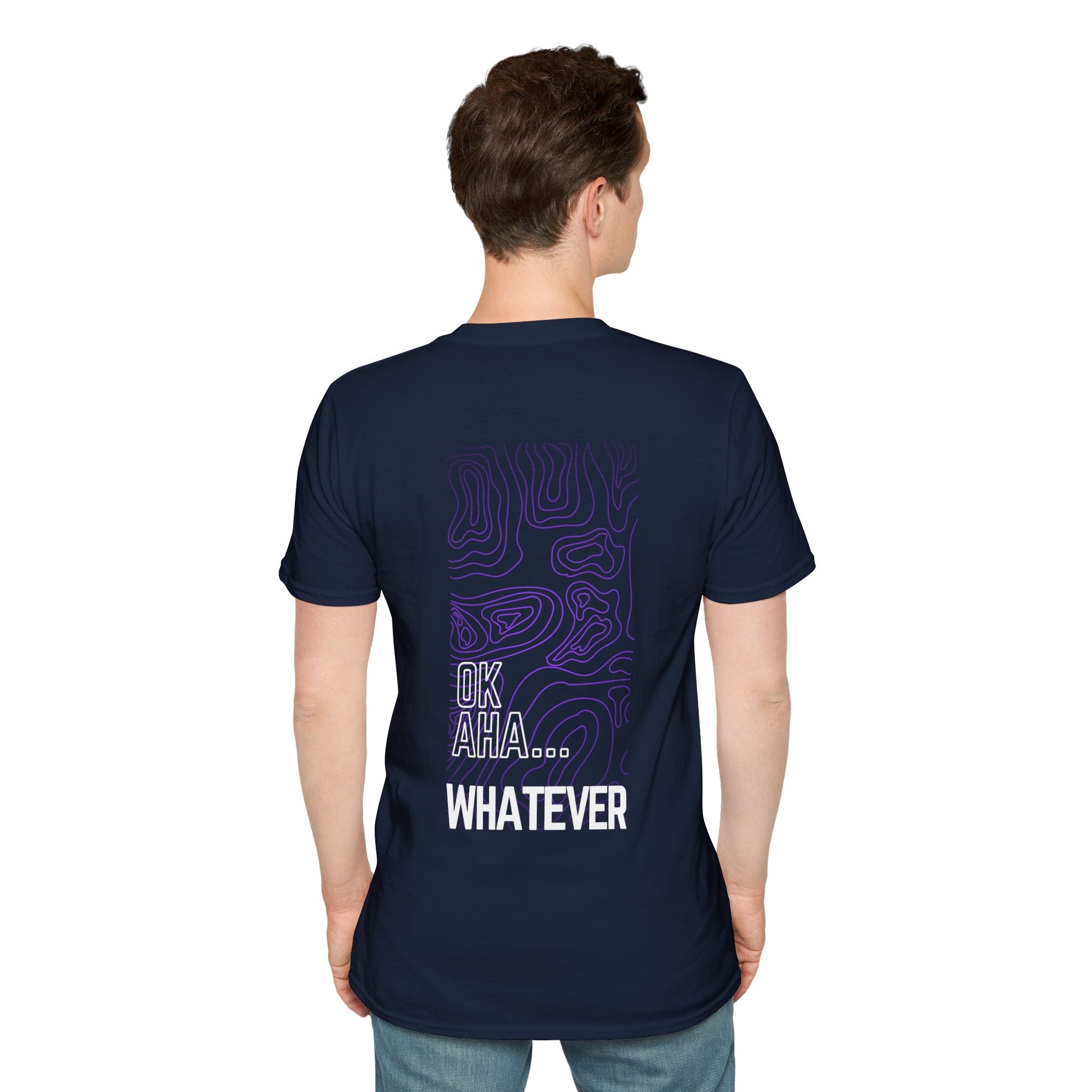 Navy T-shirt with a purple abstract pattern and the text ‘OK AHA... WHATEVER’ in large white letters