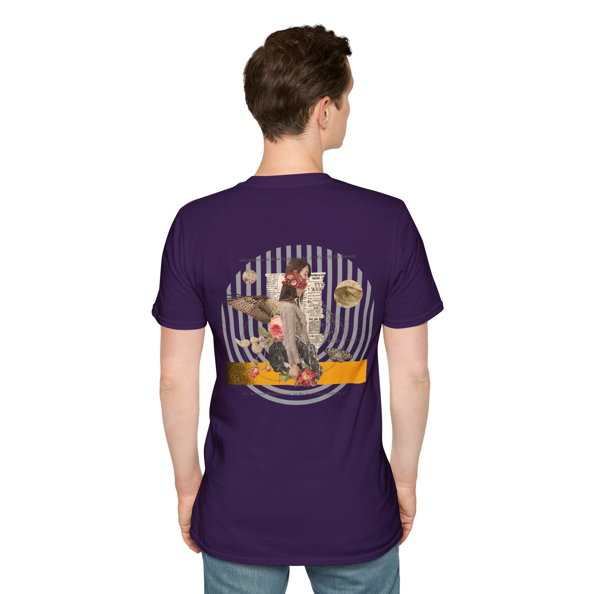 Violet T-shirt with a mysterious figure surrounded by butterflies and roses, with newspaper clippings and black stripes