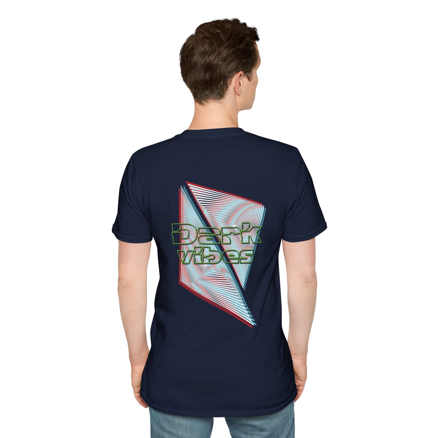 A navy t-shirt featuring bold geometric lines in red and cyan with glitch-style "Dark Vibes" typography, perfect for rave culture and electronic music fans.