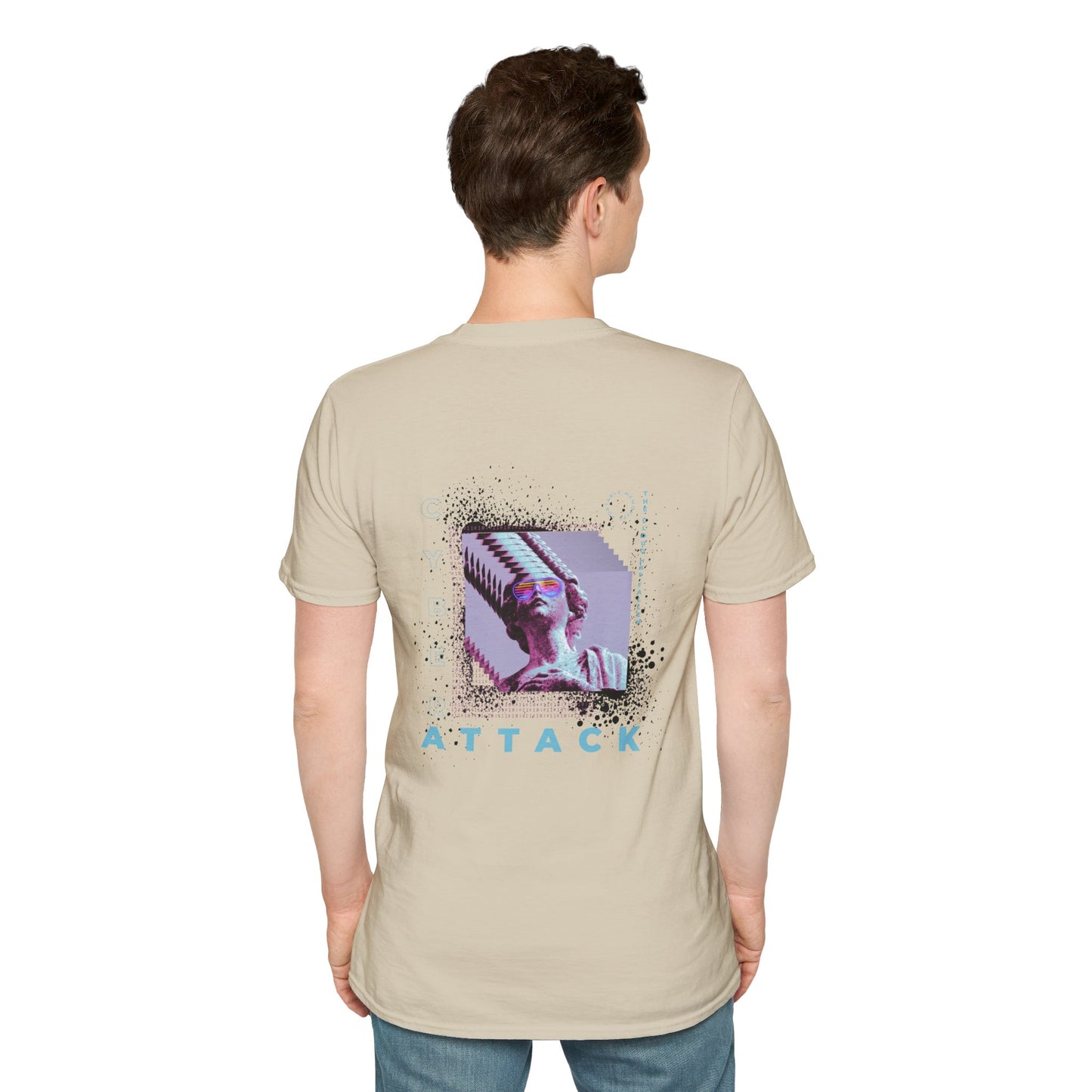 Ecru T-shirt with a pixelated Statue of Liberty and modern glitch art design