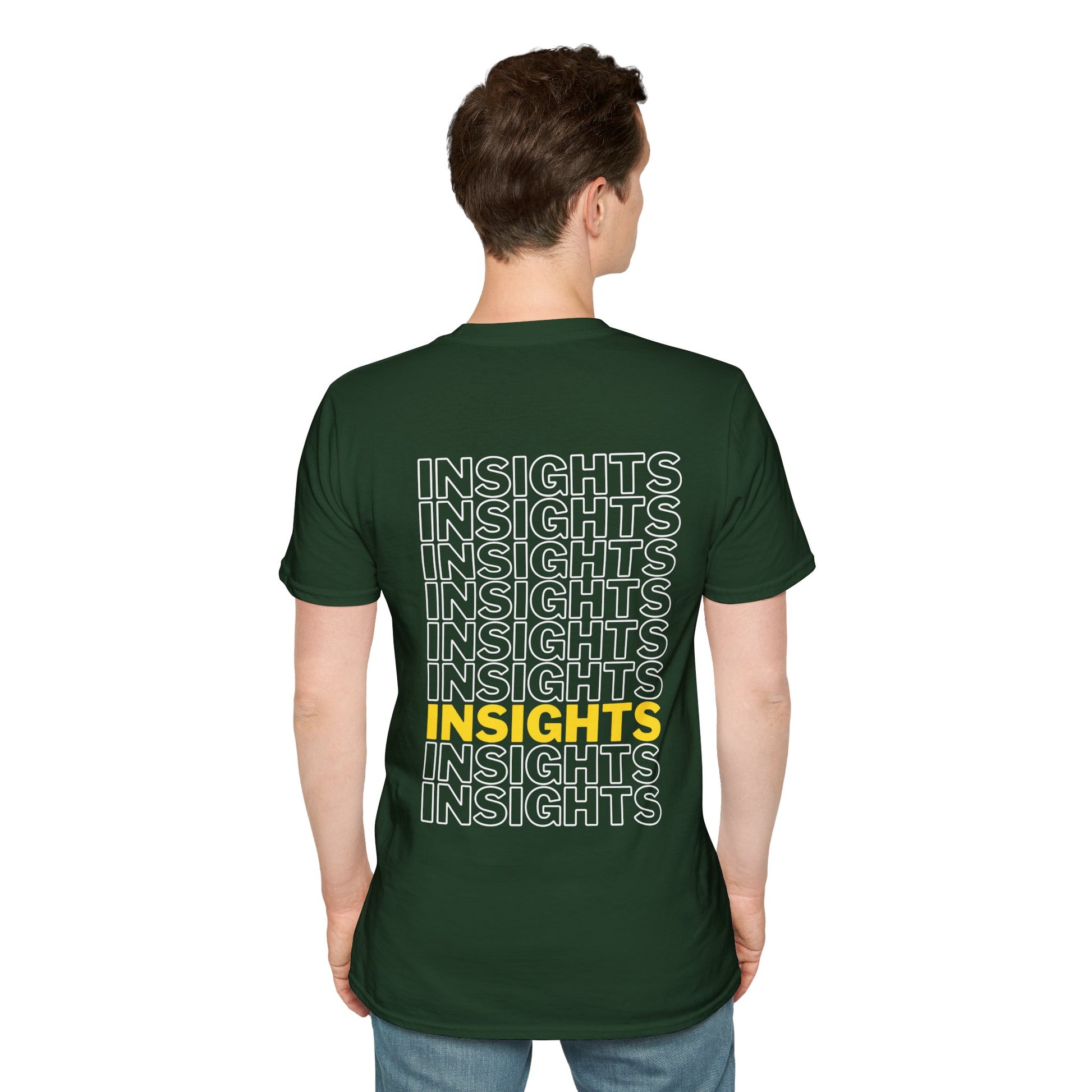 Green T-shirt with the word ‘INSIGHTS’ repeated in white text and one instance highlighted in yellow