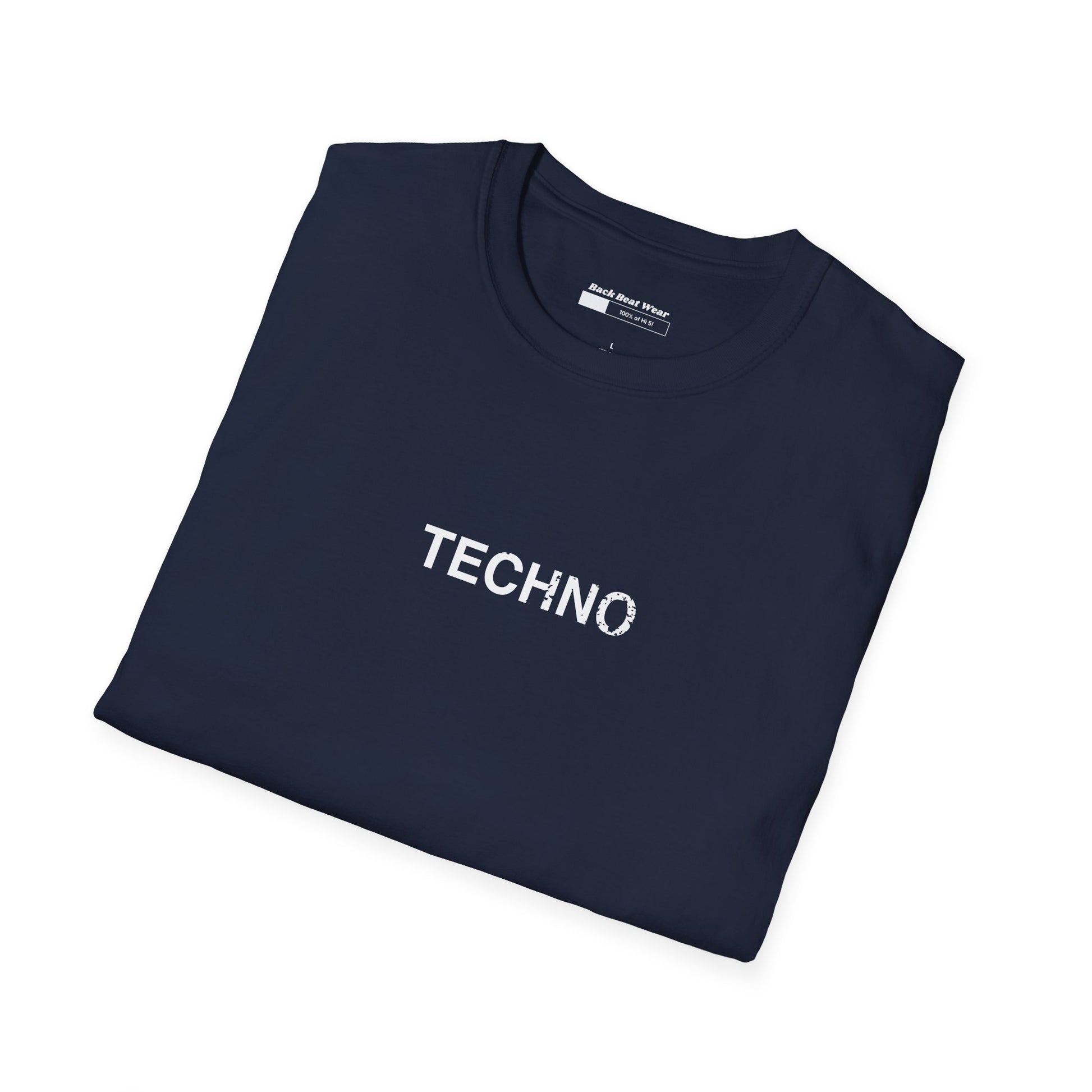 A navy front t-shirt featuring bold white typography that reads "TECHNO is life," designed for electronic music fans and rave streetwear enthusiasts.