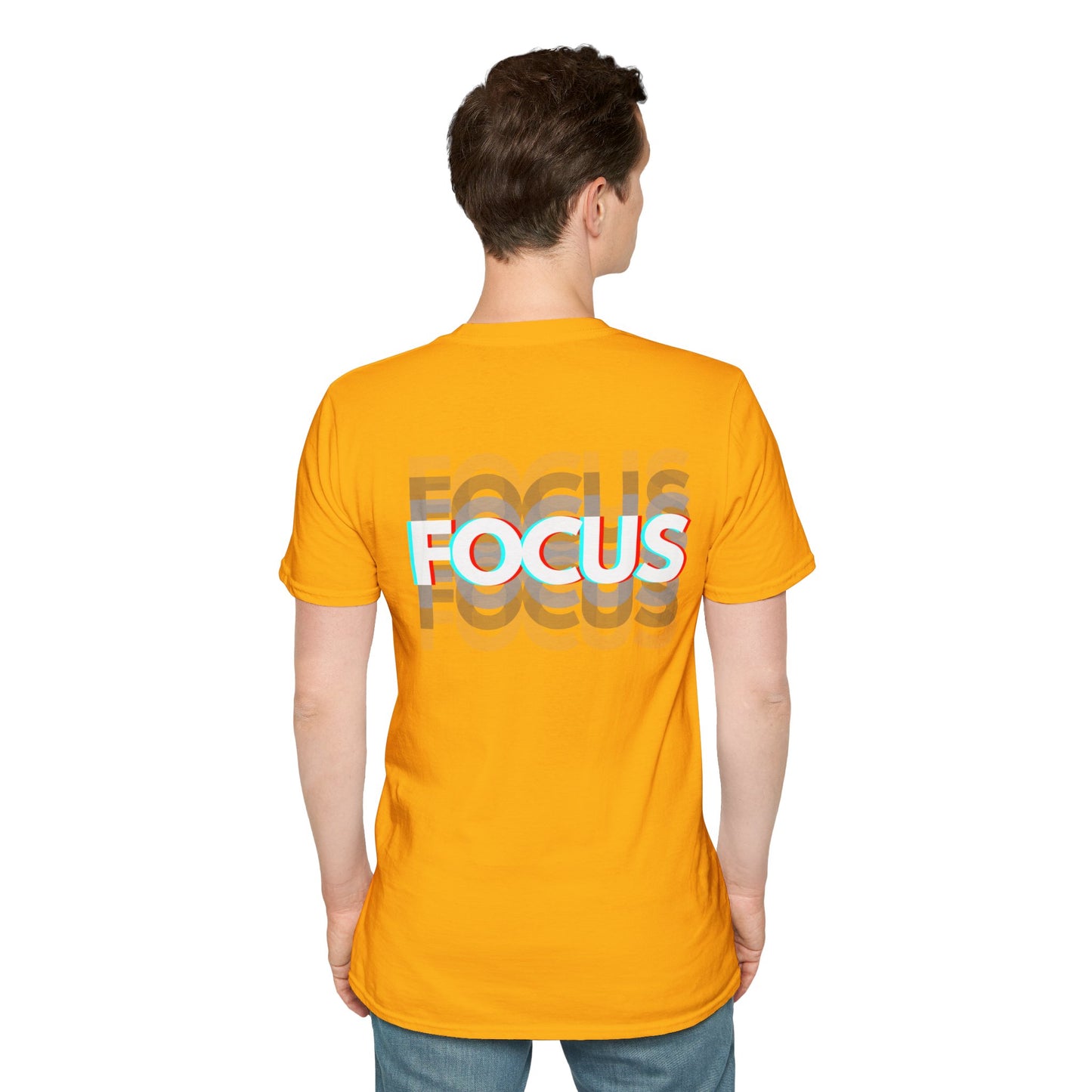 Yellow T-shirt with bold ‘FOCUS’ design in large white letters and 3D effect in red and blue