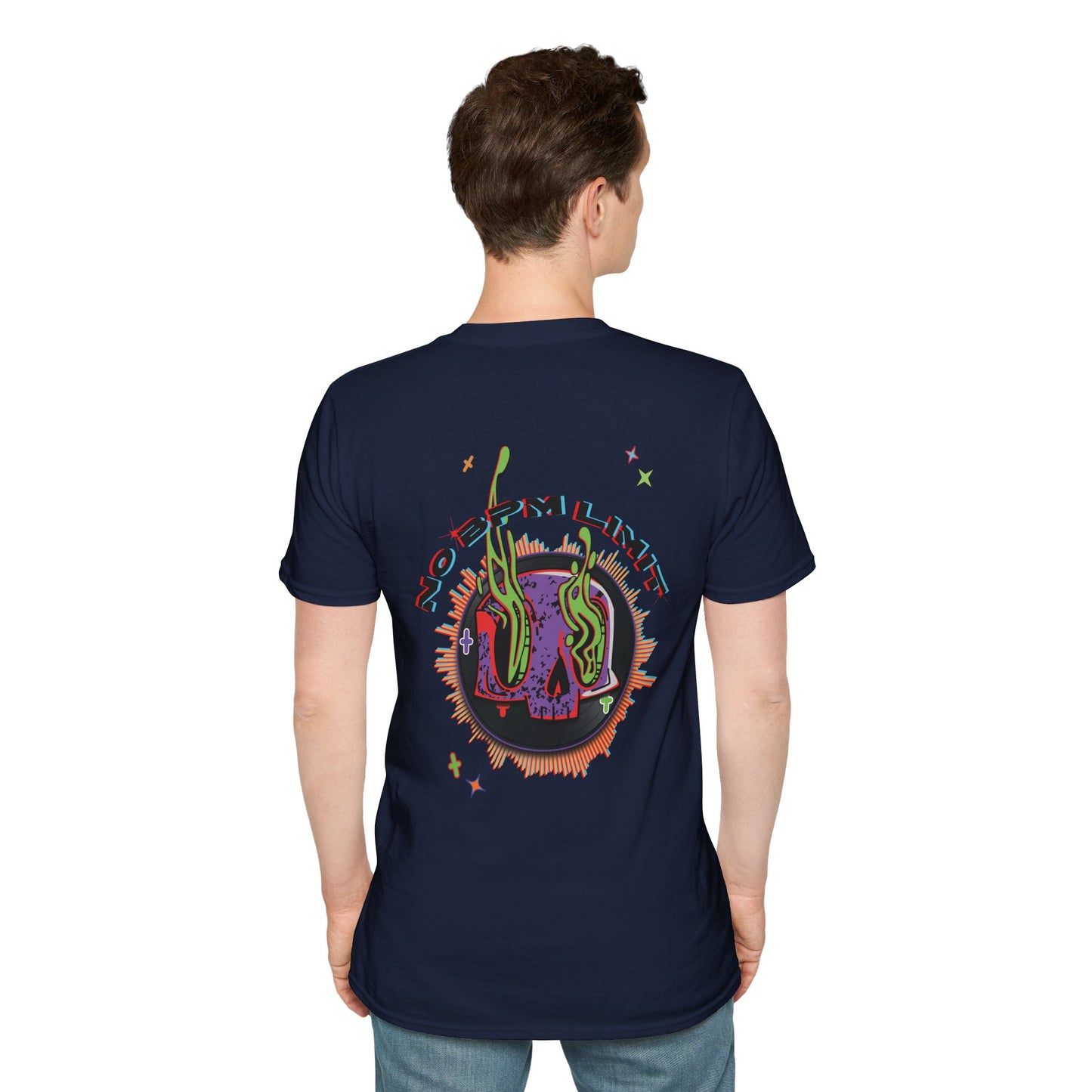 A vibrant navy t-shirt design featuring a melting vinyl skull surrounded by colorful waveforms and trippy accents, with the text "No BPM Limit