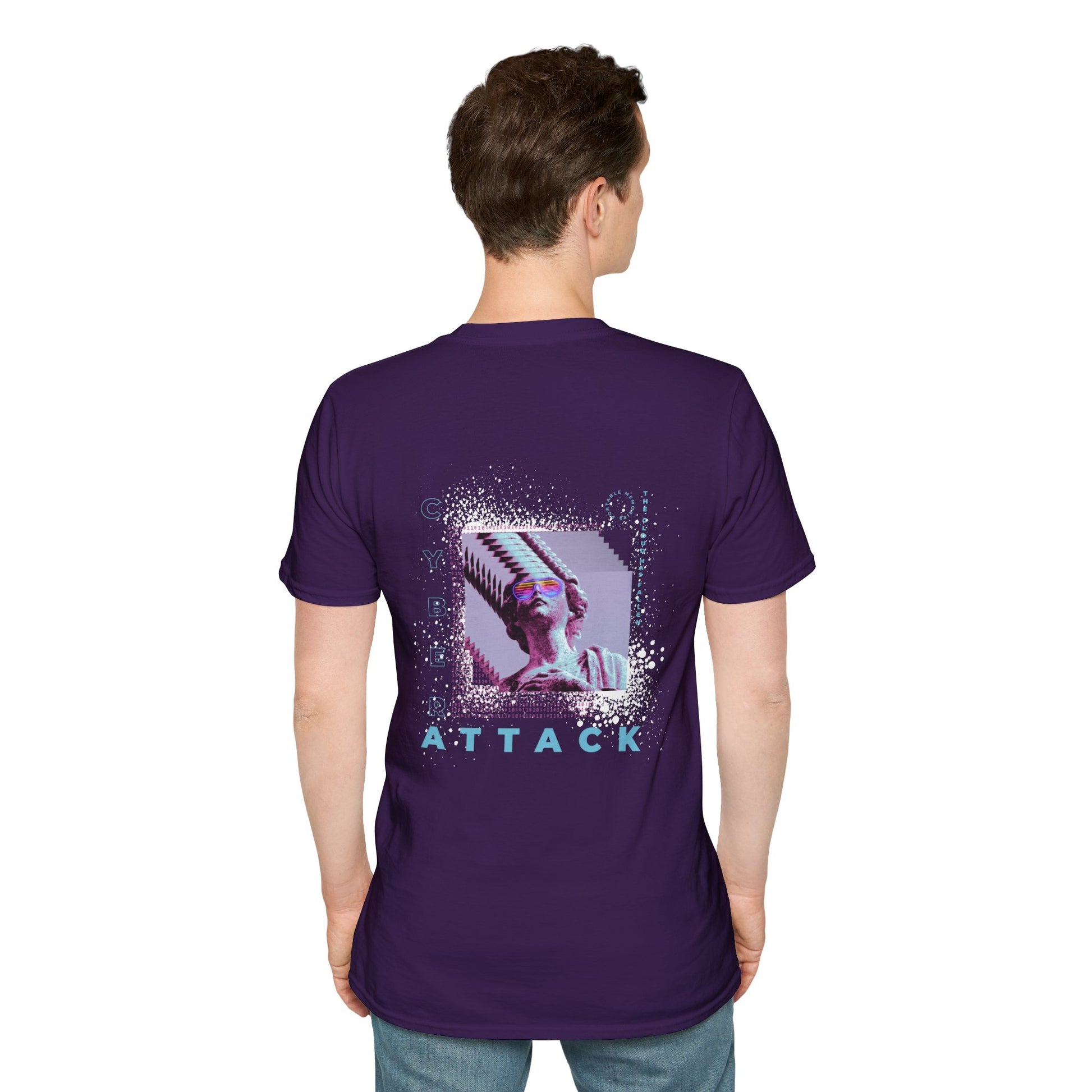 Violet T-shirt with a pixelated Statue of Liberty and modern glitch art design