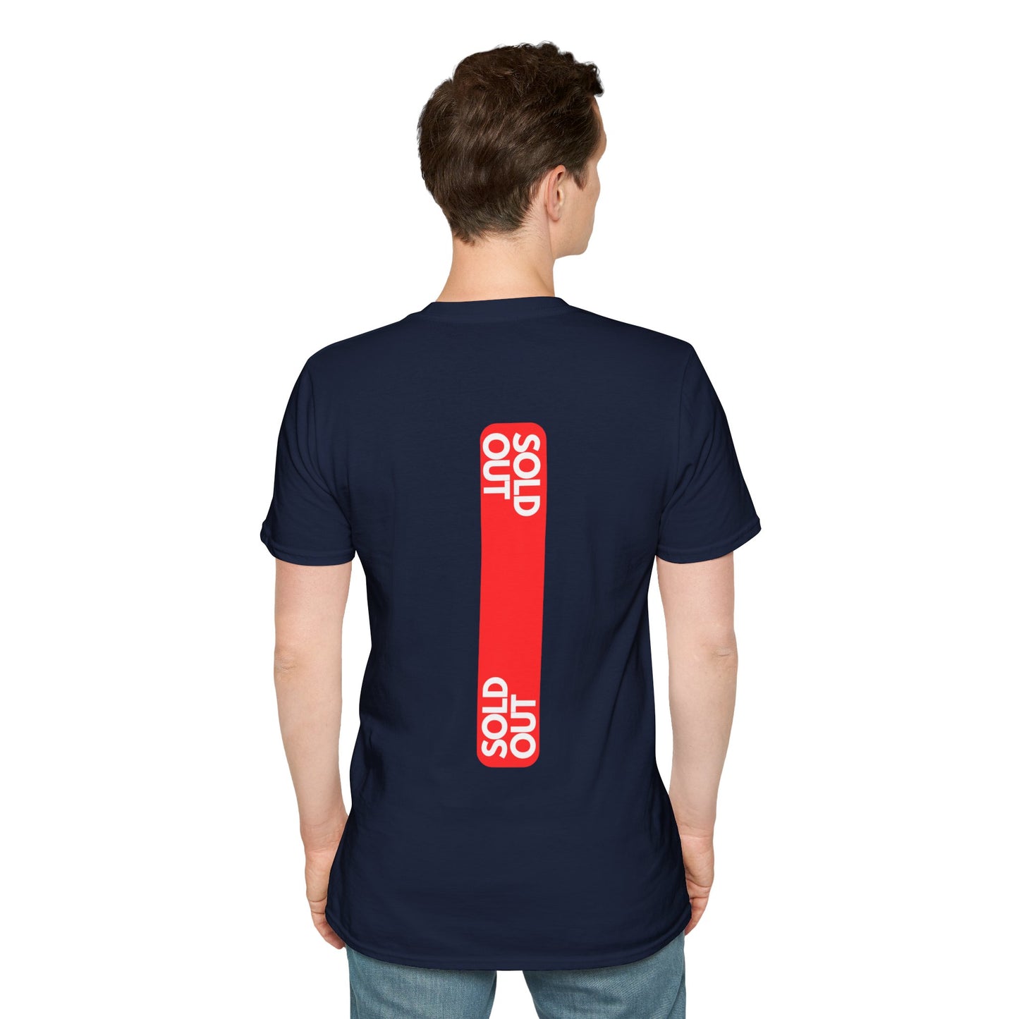 Navy T-shirt with a striking red tag design and the text ‘SOLD OUT’ in bold letters