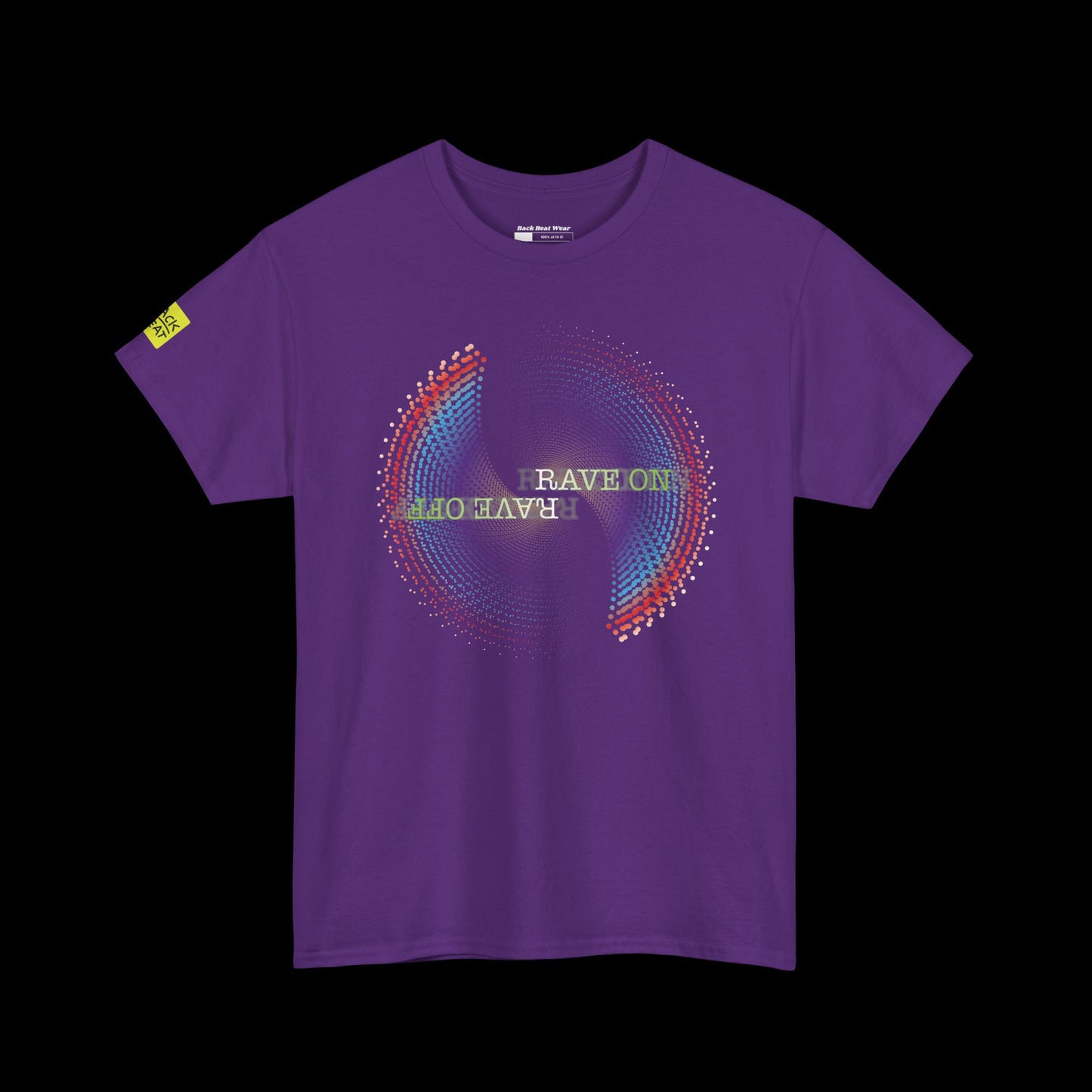 Purple t-shirt with colorful circular design and text on a purple background