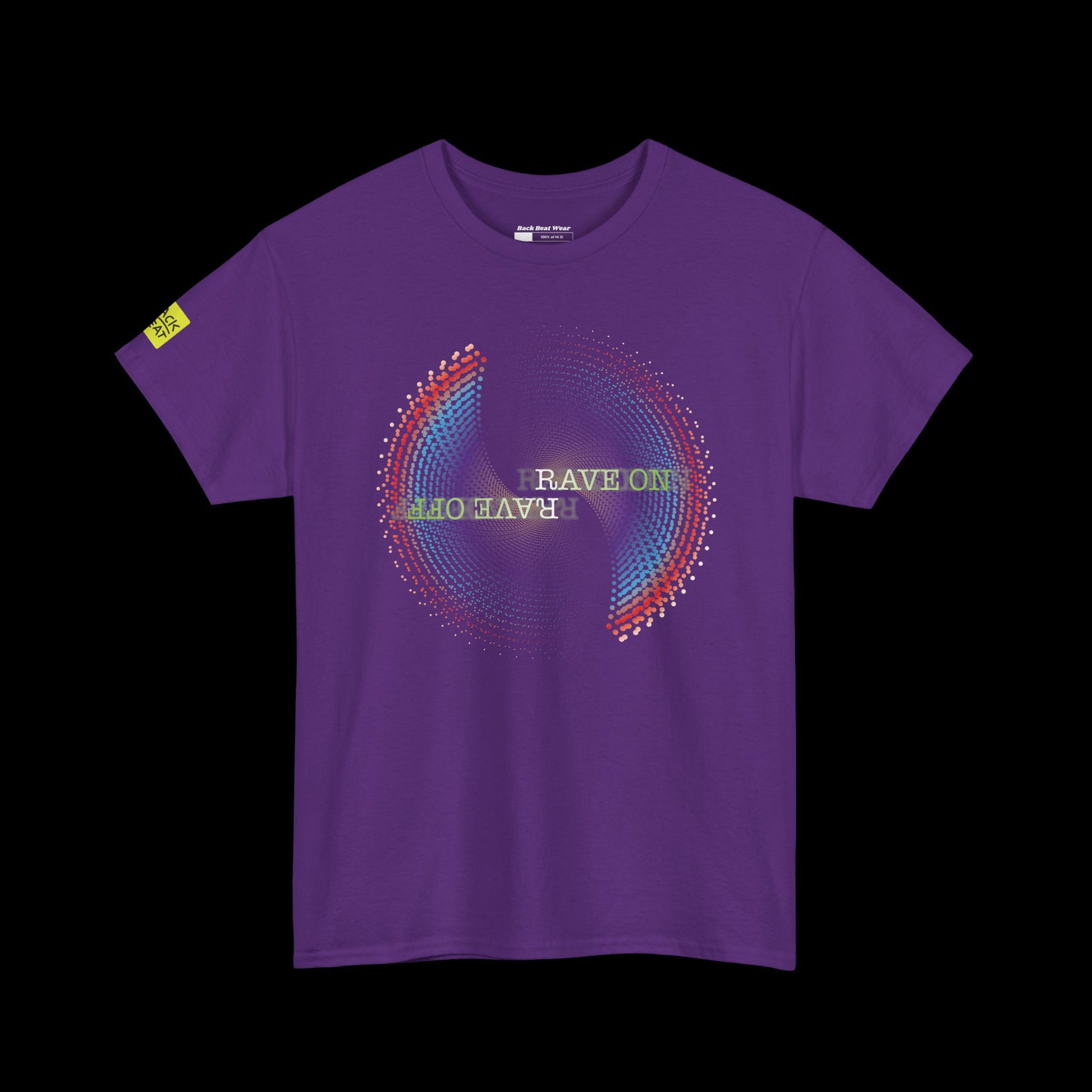 Purple t-shirt with colorful circular design and text on a purple background
