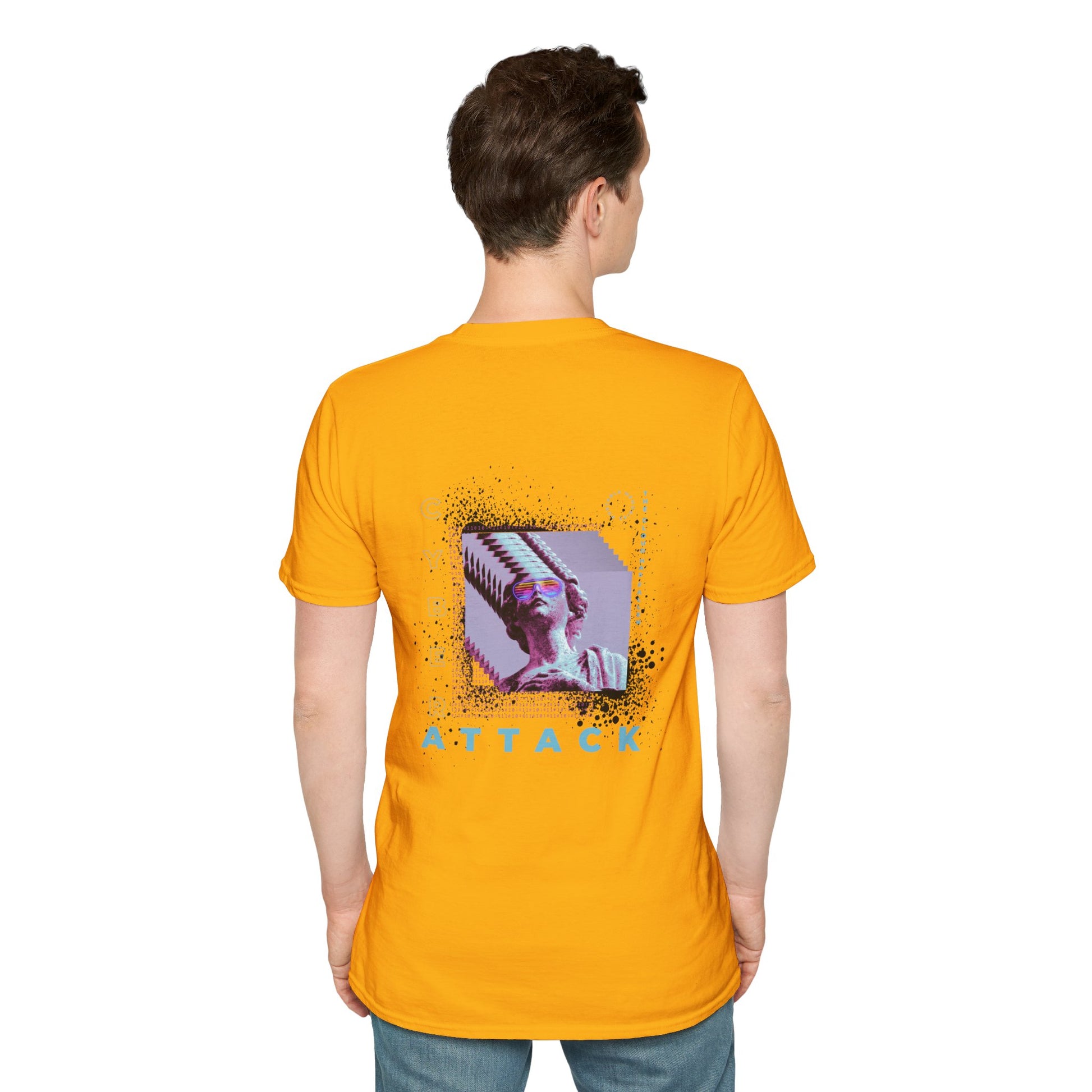 Yellow T-shirt with a pixelated Statue of Liberty and modern glitch art design