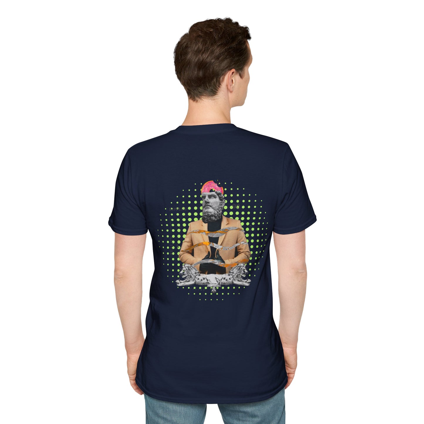 Navy T-shirt featuring a collage of a Greek statue head with a modern glitch art twist