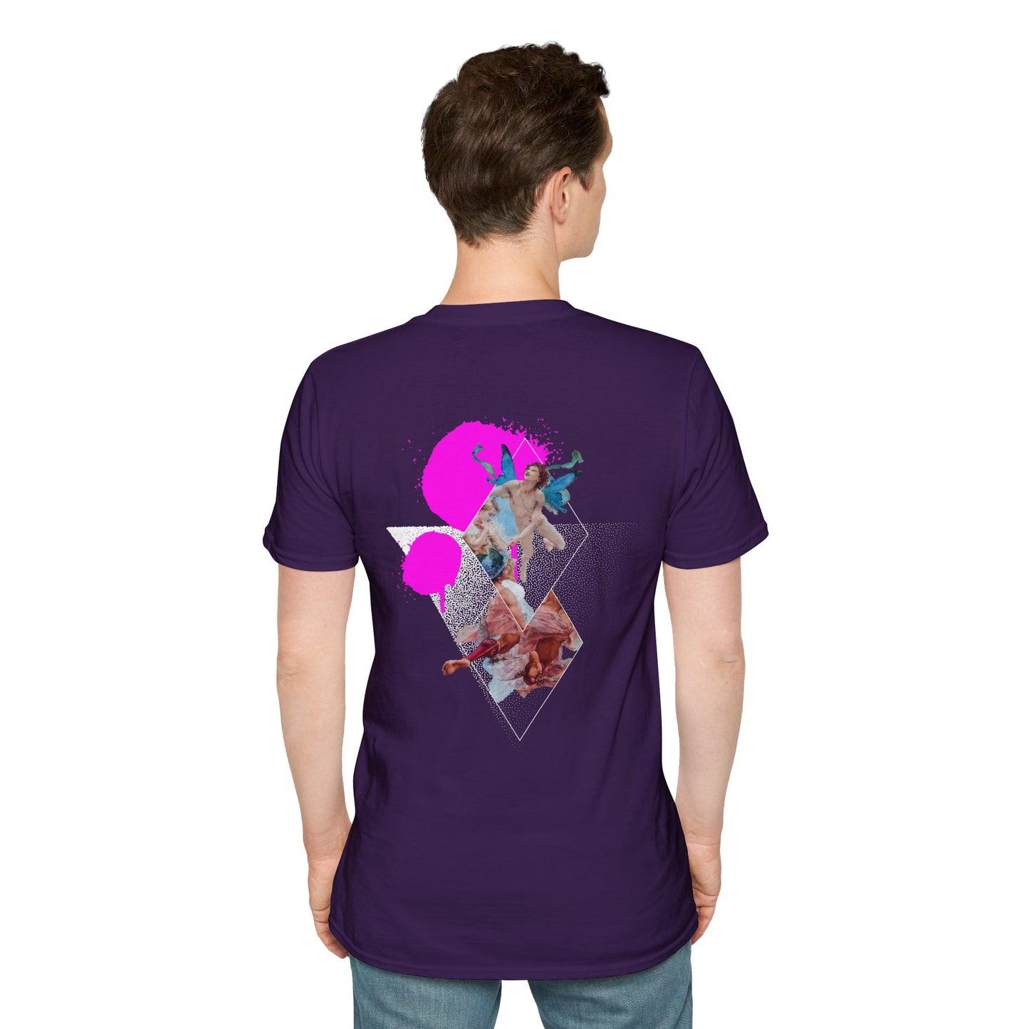 Violet T-shirt with a surreal collage of butterflies in spray paint design