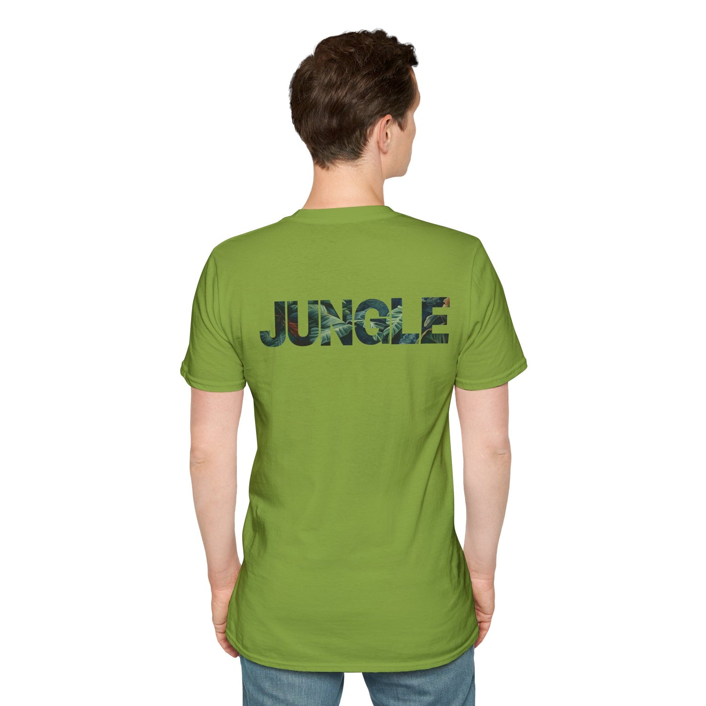 Green T-shirt with a bold, funky 'Jungle' sign design in vibrant colors