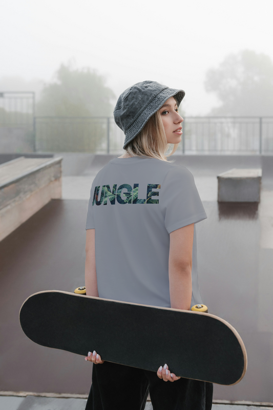 Grey T-shirt with a bold, funky 'Jungle' sign design in vibrant colors