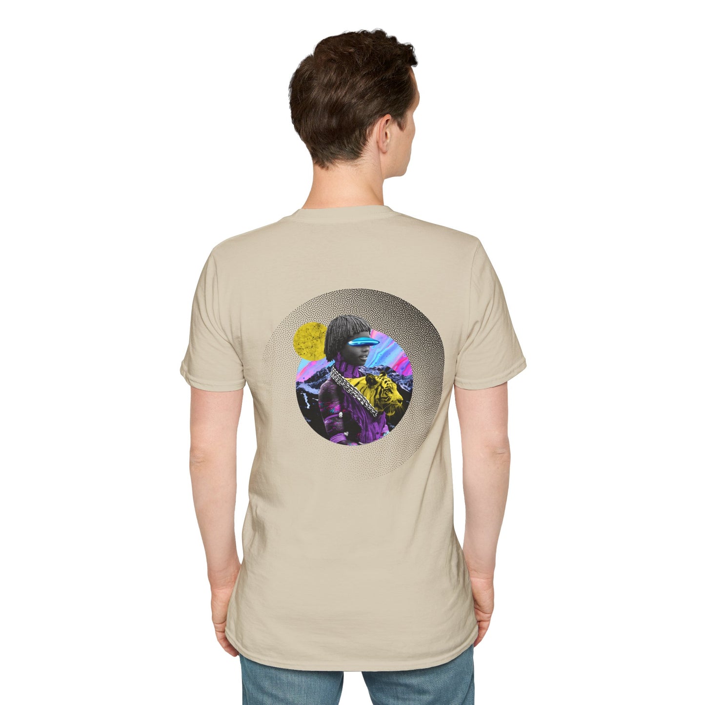 Sand T-shirt with a collage of an African woman with futuristic glasses and a yellow tiger