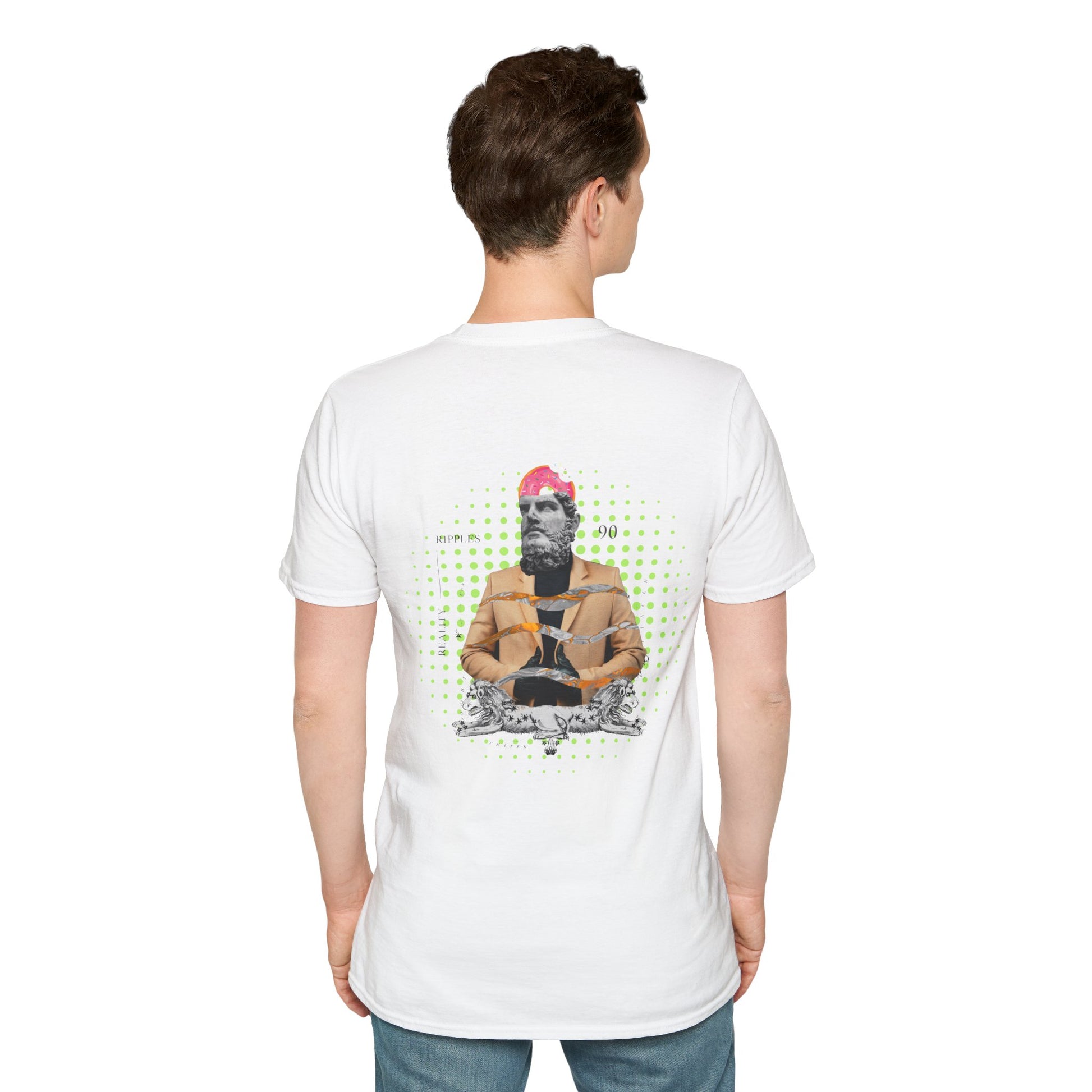 White T-shirt featuring a collage of a Greek statue head with a modern glitch art twist
