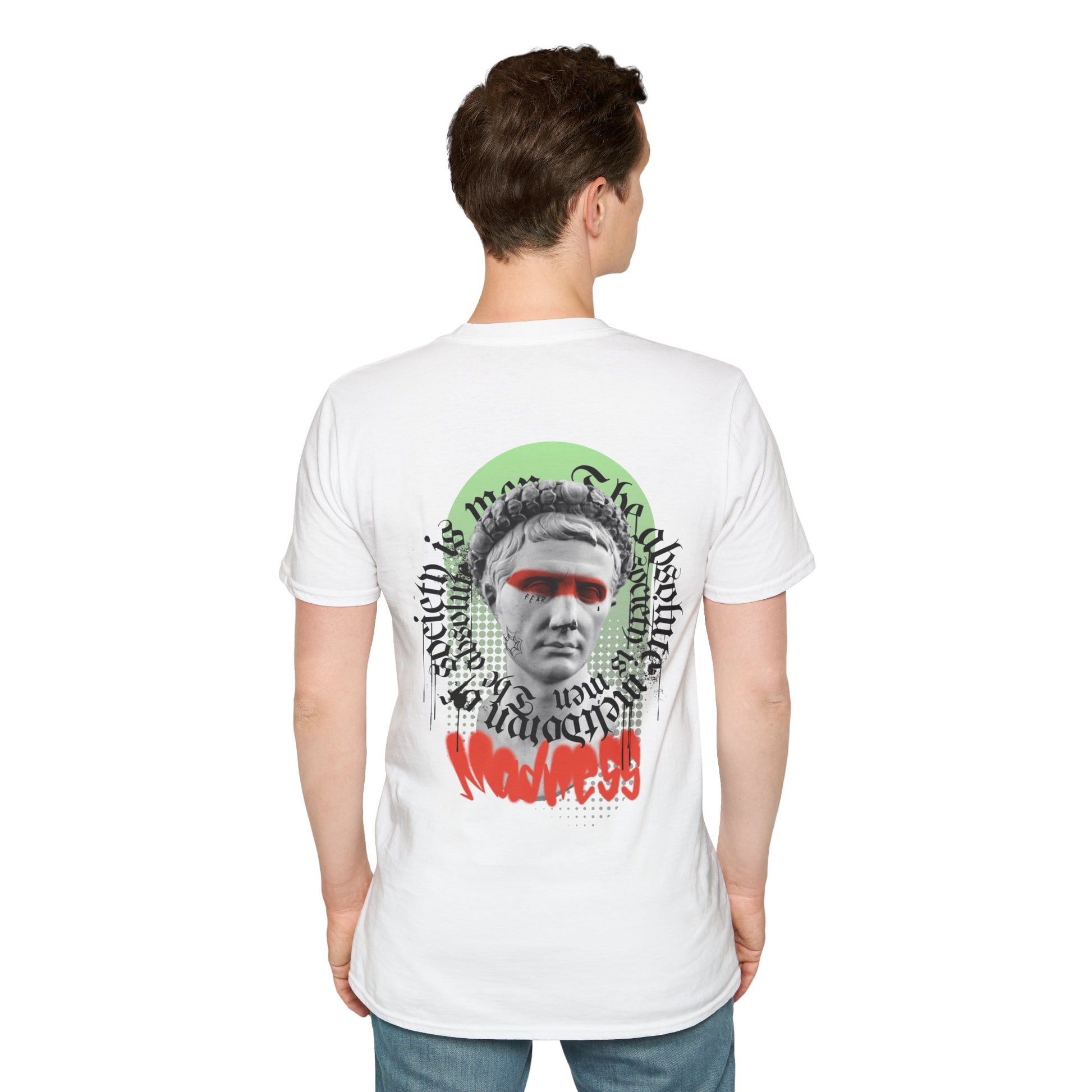 White T-shirt with a Greek statue face and the word ‘Madness’ in bold red lettering