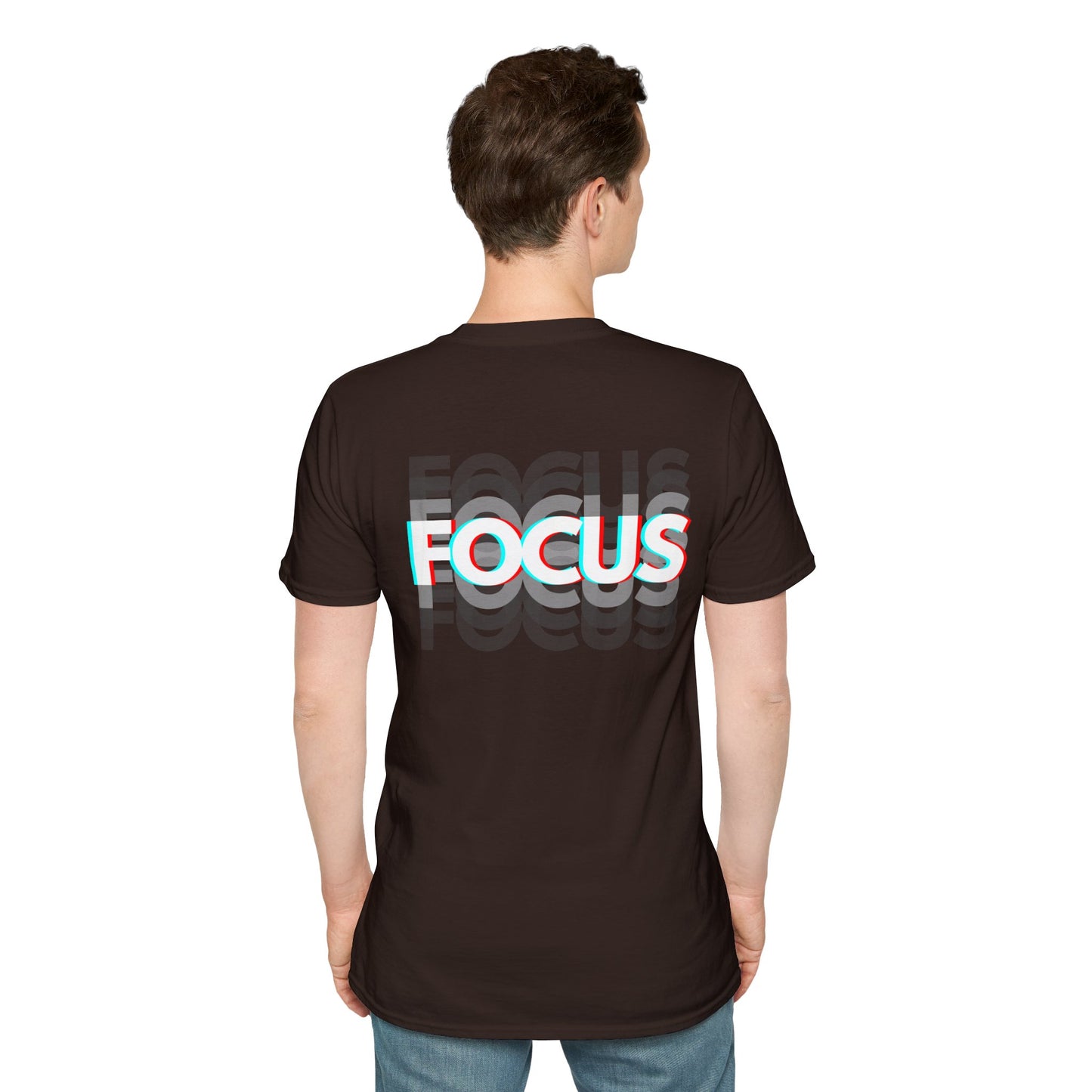 Brown T-shirt with bold ‘FOCUS’ design in large white letters and 3D effect in red and blue