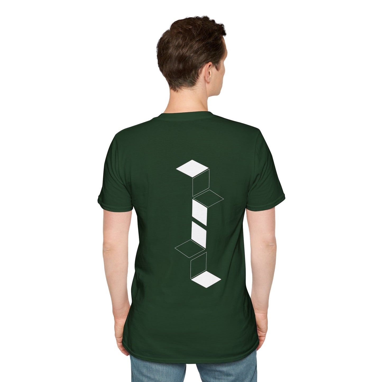 Green  T-shirt with white geometric cube pattern creating a 3D optical illusion