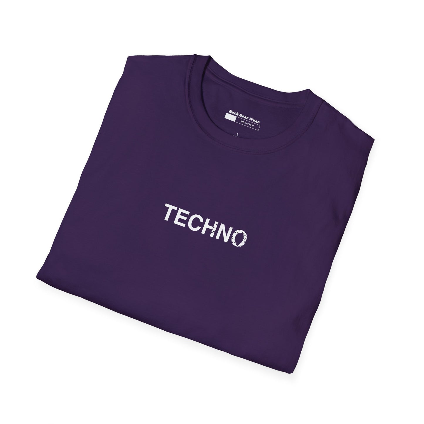 A purple front  t-shirt featuring bold white typography that reads "TECHNO is life," designed for electronic music fans and rave streetwear enthusiasts.