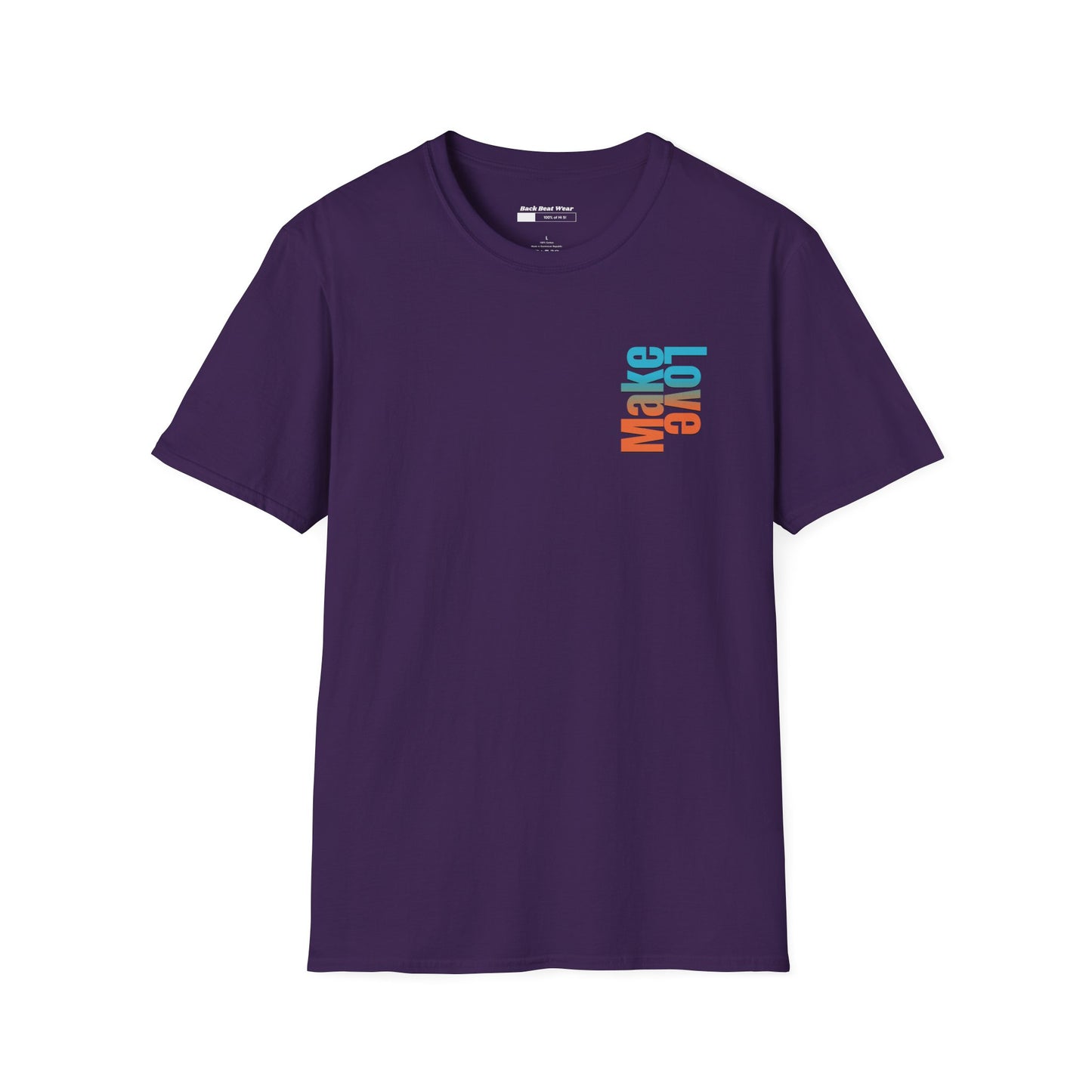 Purple t-shirt with bold 'Make Love' graphic design in vibrant colors, modern streetwear fashion.