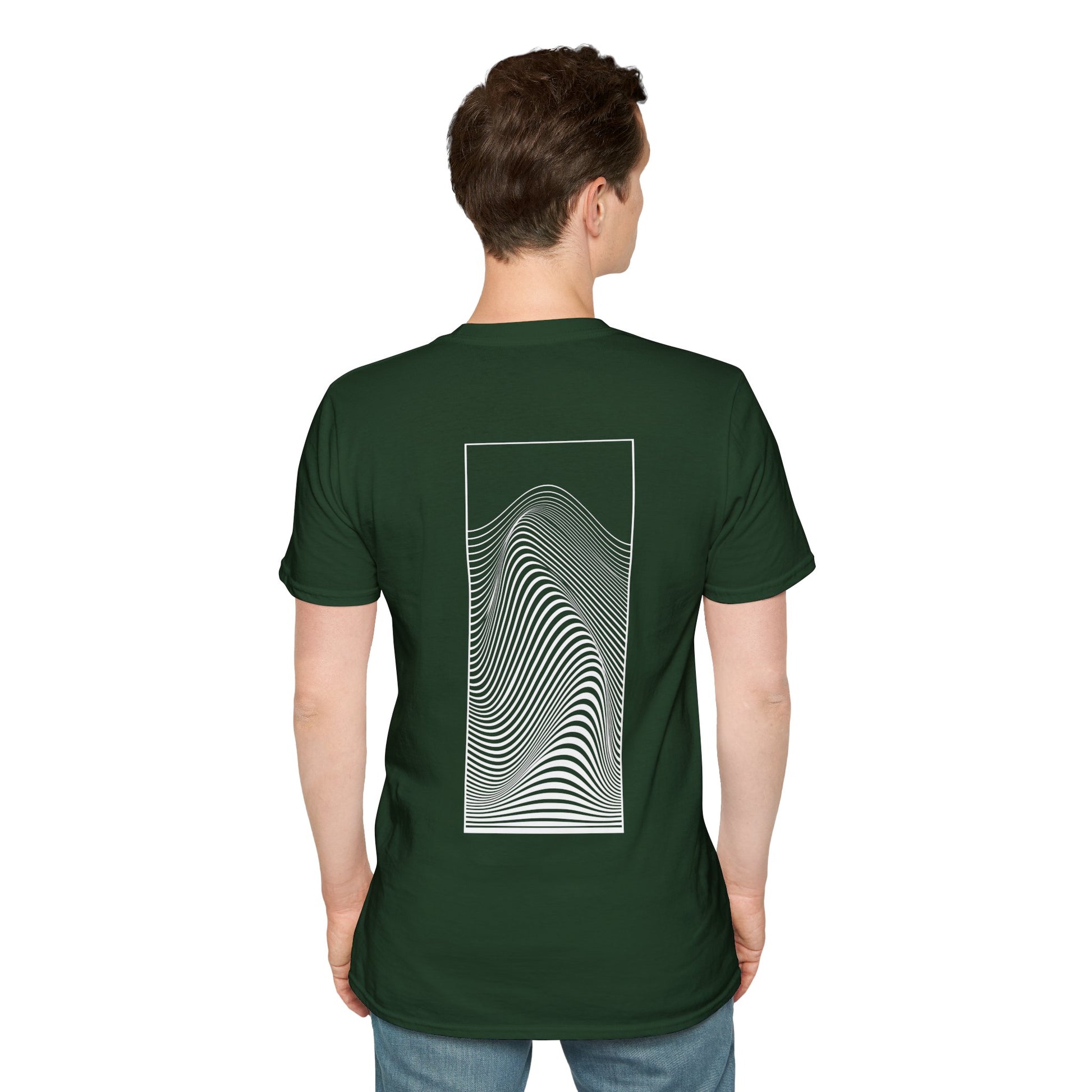 Green T-shirt with a black and white optical illusion design of swirling patterns