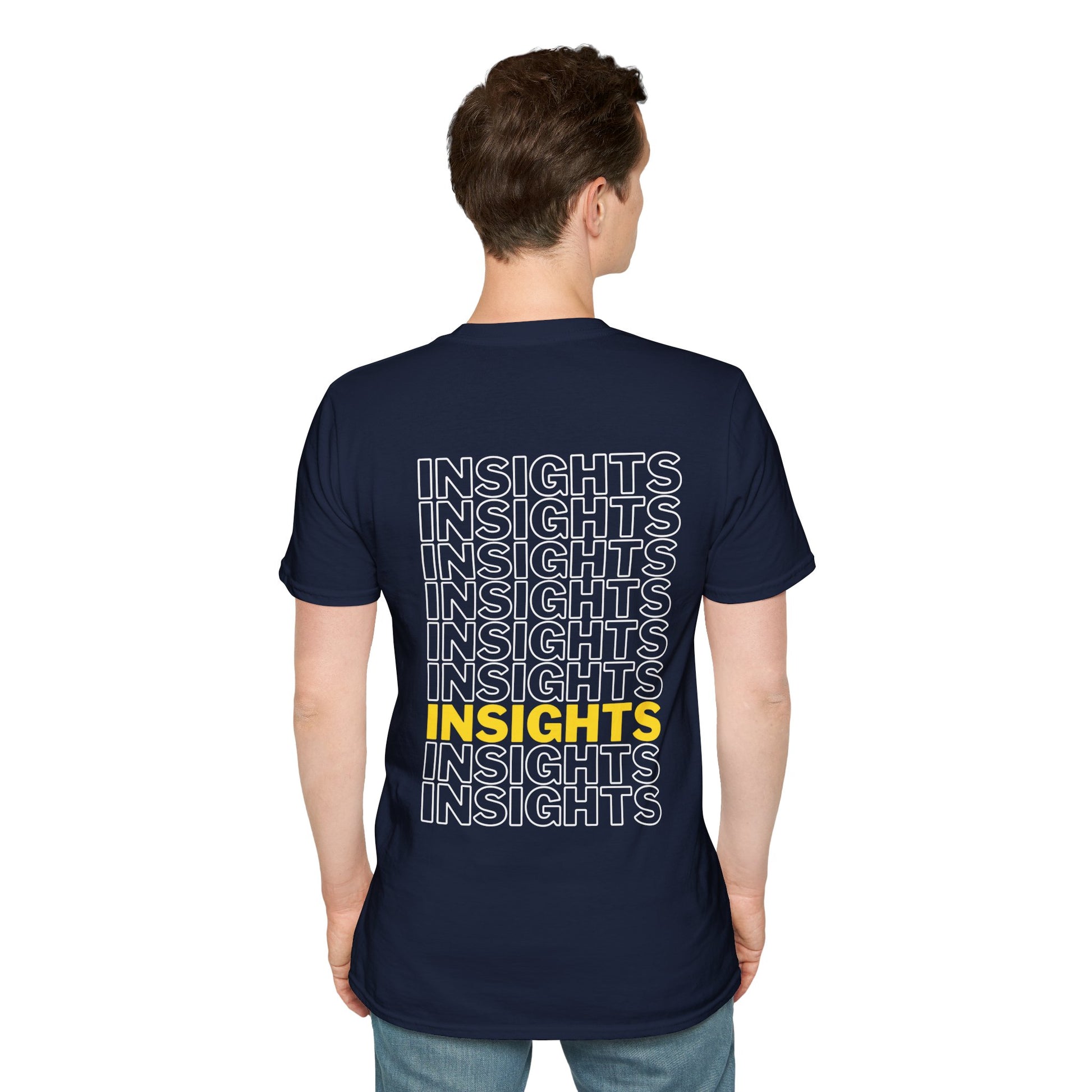 Navy T-shirt with the word ‘INSIGHTS’ repeated in white text and one instance highlighted in yellow