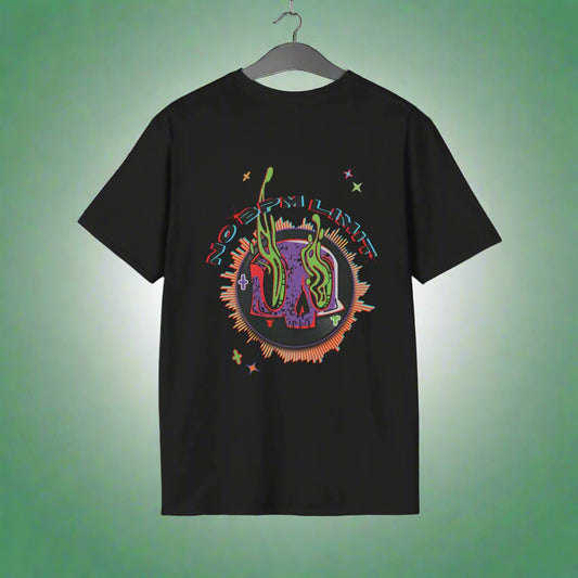 A vibrant black t-shirt design featuring a melting vinyl skull surrounded by colorful waveforms and trippy accents, with the text "No BPM Limit