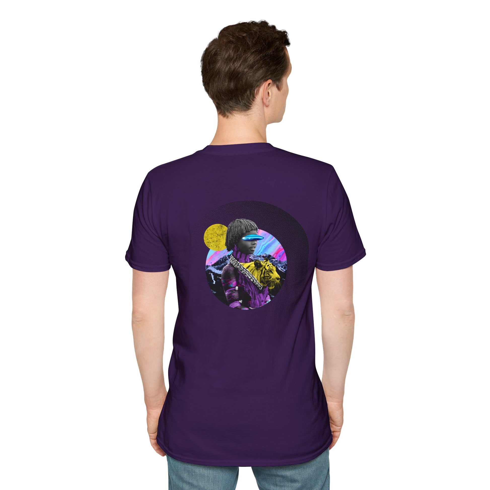 Violet T-shirt with a collage of an African woman with futuristic glasses and a yellow tiger