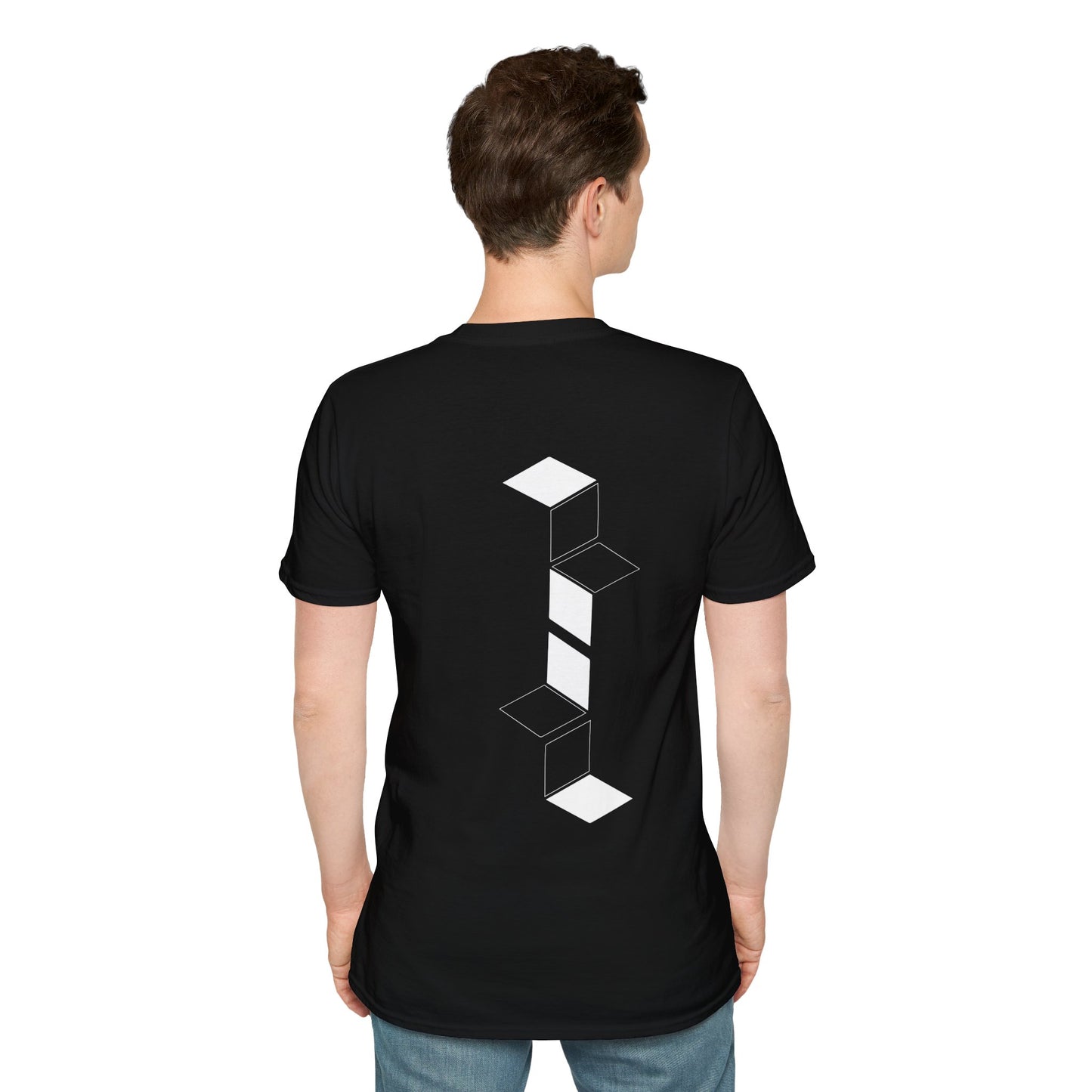 Black T-shirt with white geometric cube pattern creating a 3D optical illusion