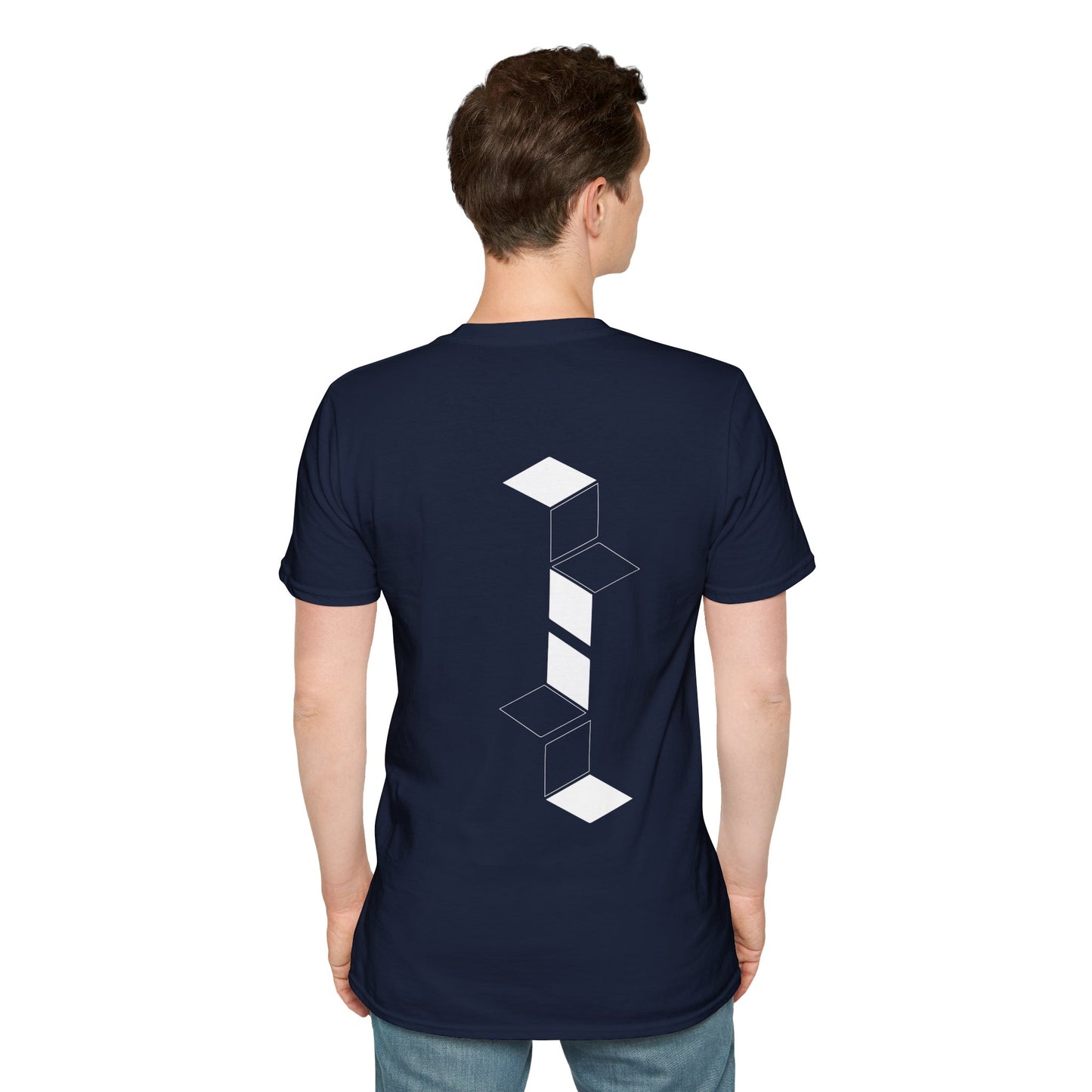 Navy T-shirt with white geometric cube pattern creating a 3D optical illusion