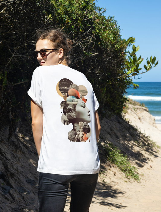 White T-shirt with a collage of a mysterious figure surrounded by butterflies and roses
