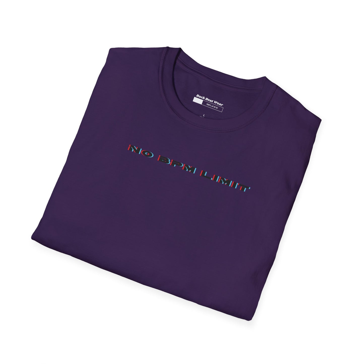 A vibrant purple t-shirt design featuring a melting vinyl skull surrounded by colorful waveforms and trippy accents, with the text "No BPM Limit