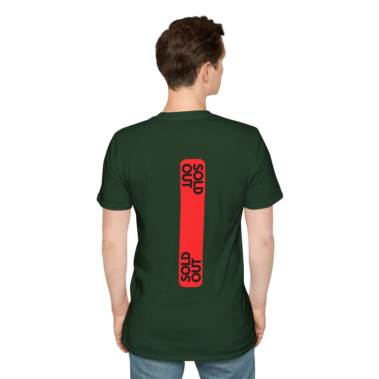 Green T-shirt with a striking red tag design and the text ‘SOLD OUT’ in bold letters