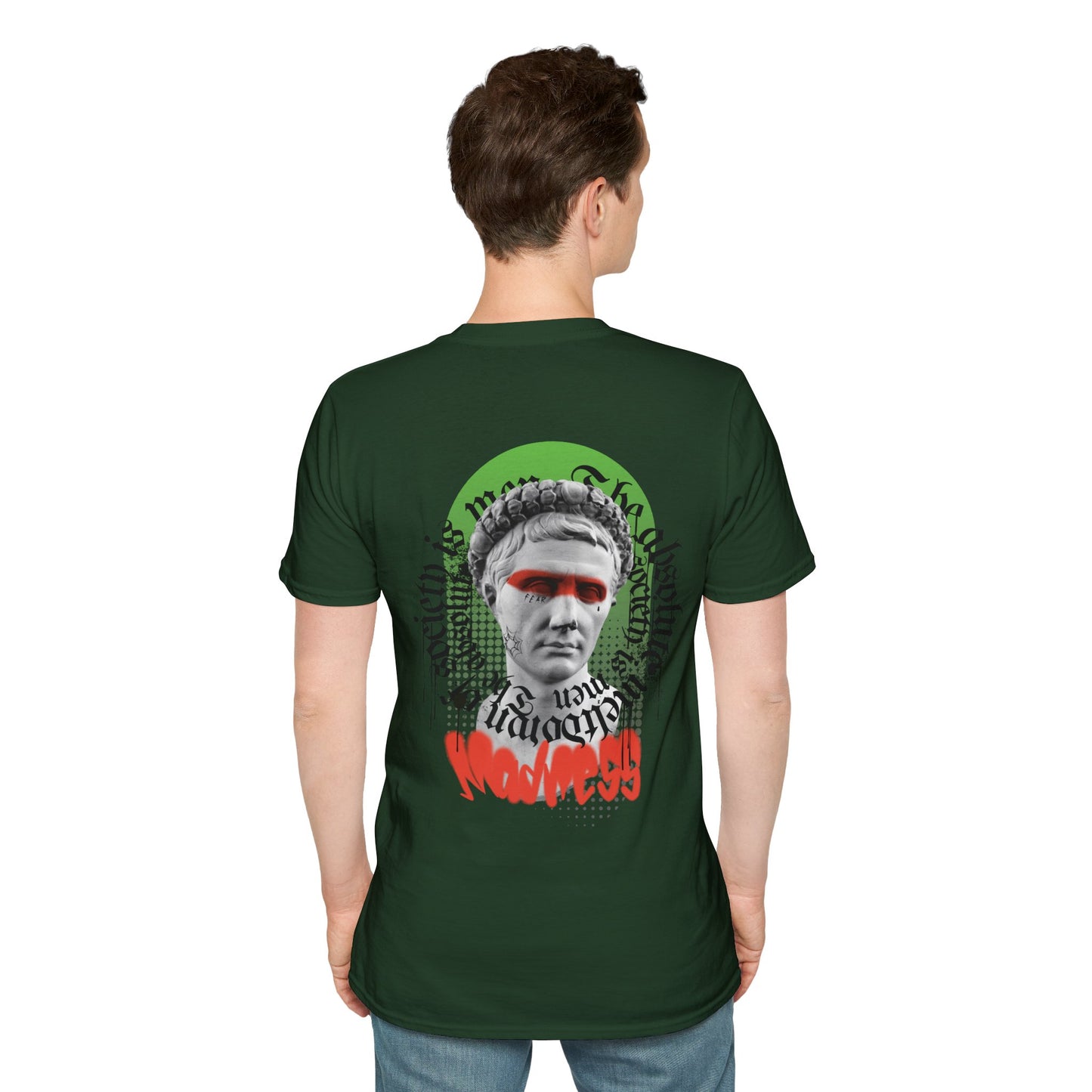 Green T-shirt with a Greek statue face and the word ‘Madness’ in bold red lettering
