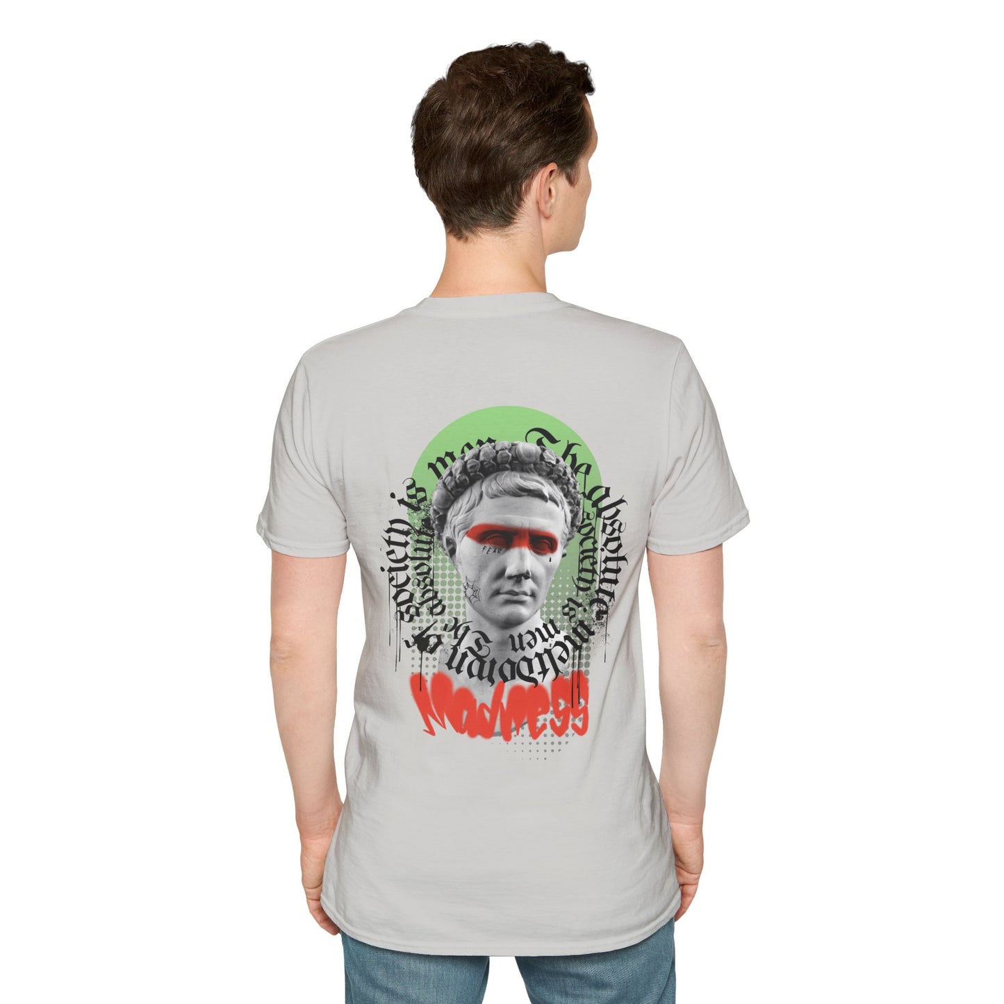 Light Grey  T-shirt with a Greek statue face and the word ‘Madness’ in bold red lettering