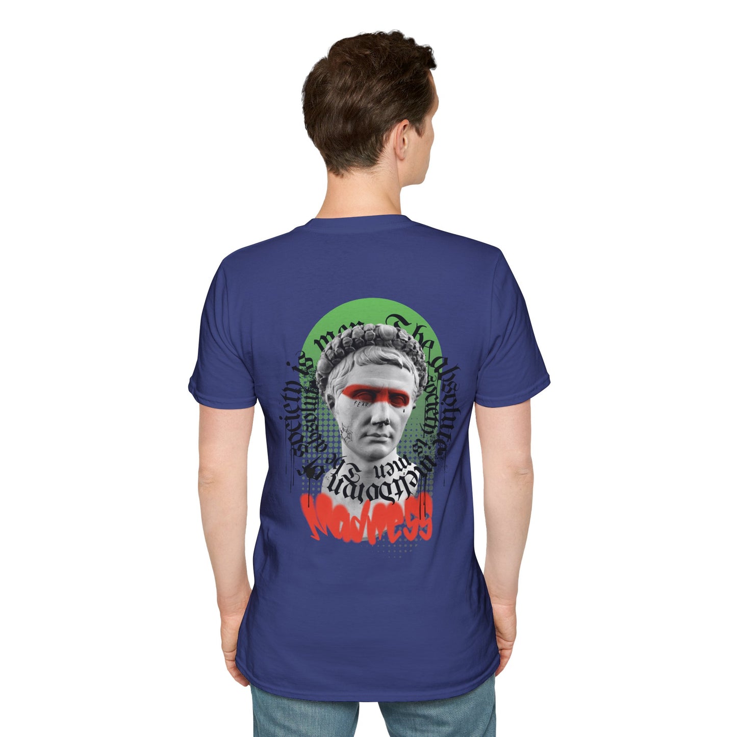Blue  T-shirt with a Greek statue face and the word ‘Madness’ in bold red lettering
