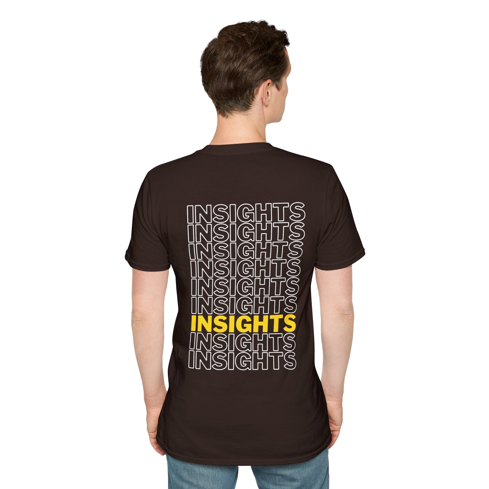 Brown T-shirt with the word ‘INSIGHTS’ repeated in white text and one instance highlighted in yellow